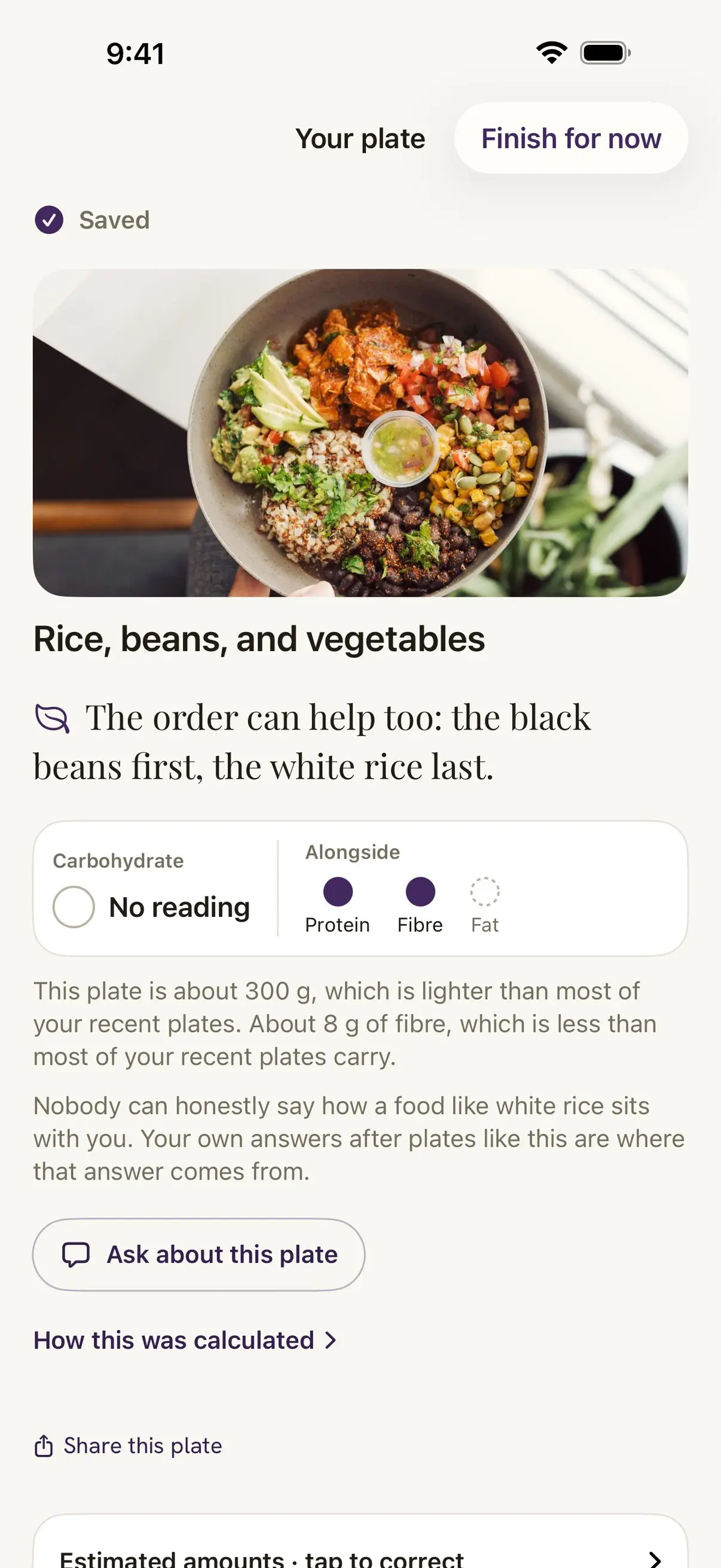 Damson after saving a photographed plate of rice, beans and vegetables. Protein and fibre are marked, and a line suggests the black beans first and the white rice last.