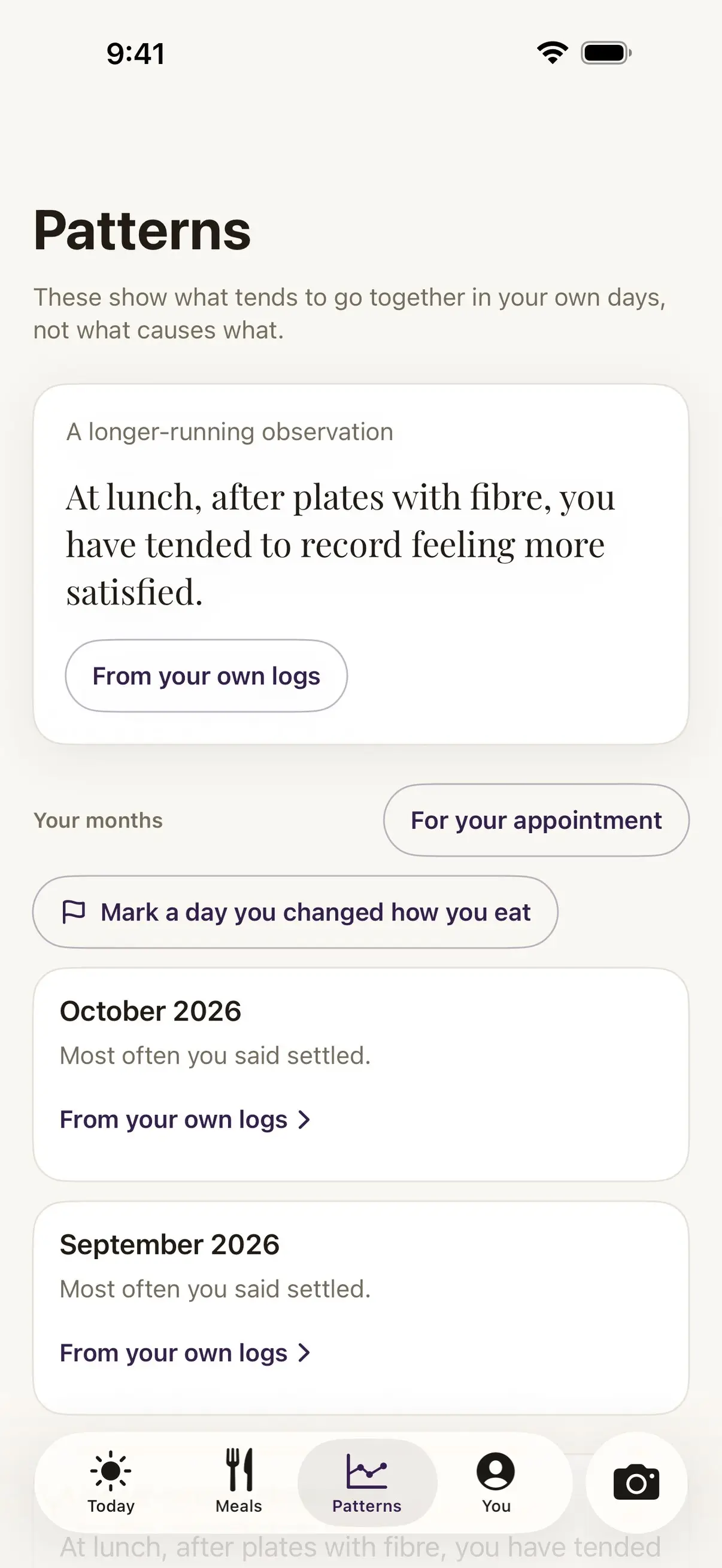 Damson's Patterns screen. A longer-running observation says that at lunch, after plates with fibre, you have tended to record feeling more satisfied, with a month by month summary below.