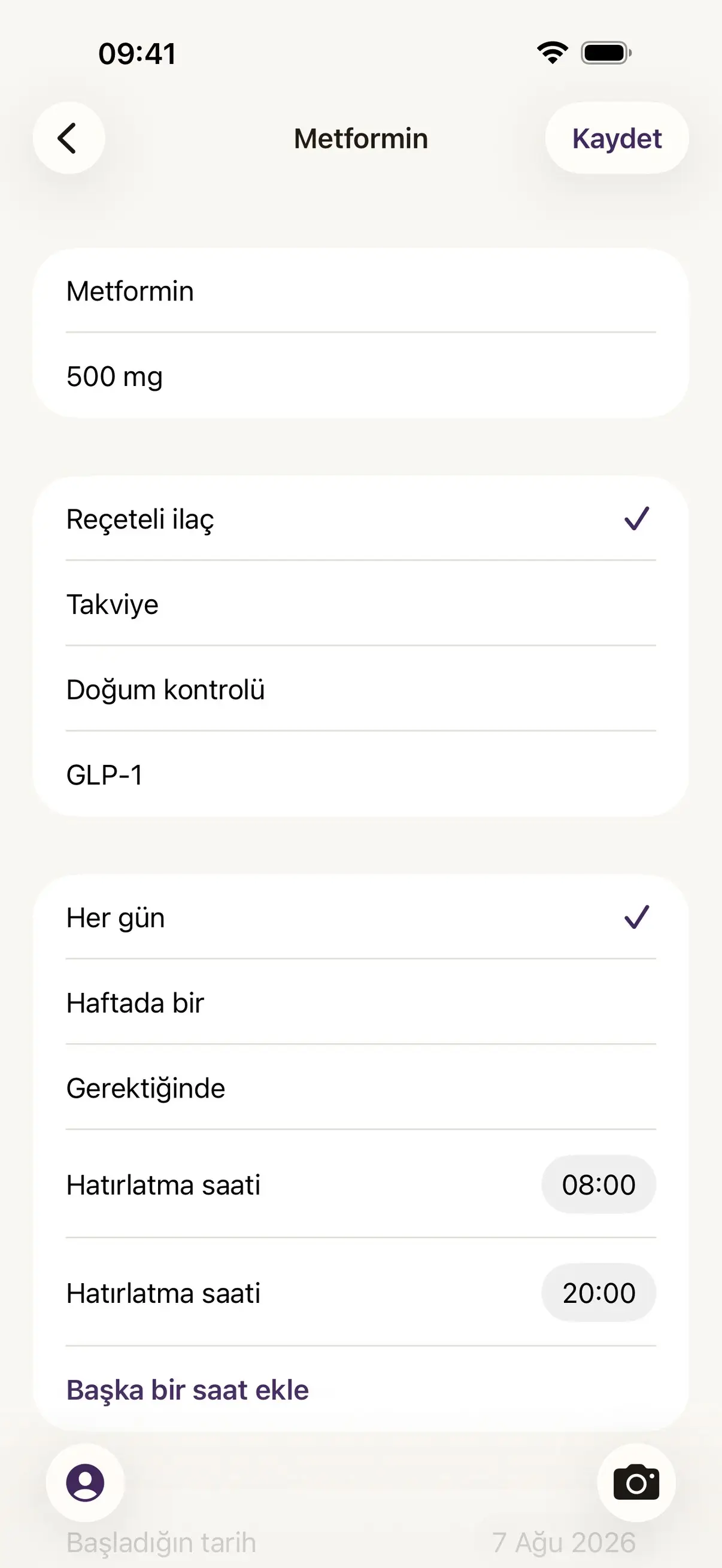 Damson'da bir ilacın sayfası: dozu, reçeteli mi takviye mi olduğu, ne sıklıkla alındığı ve iki hatırlatma saati.