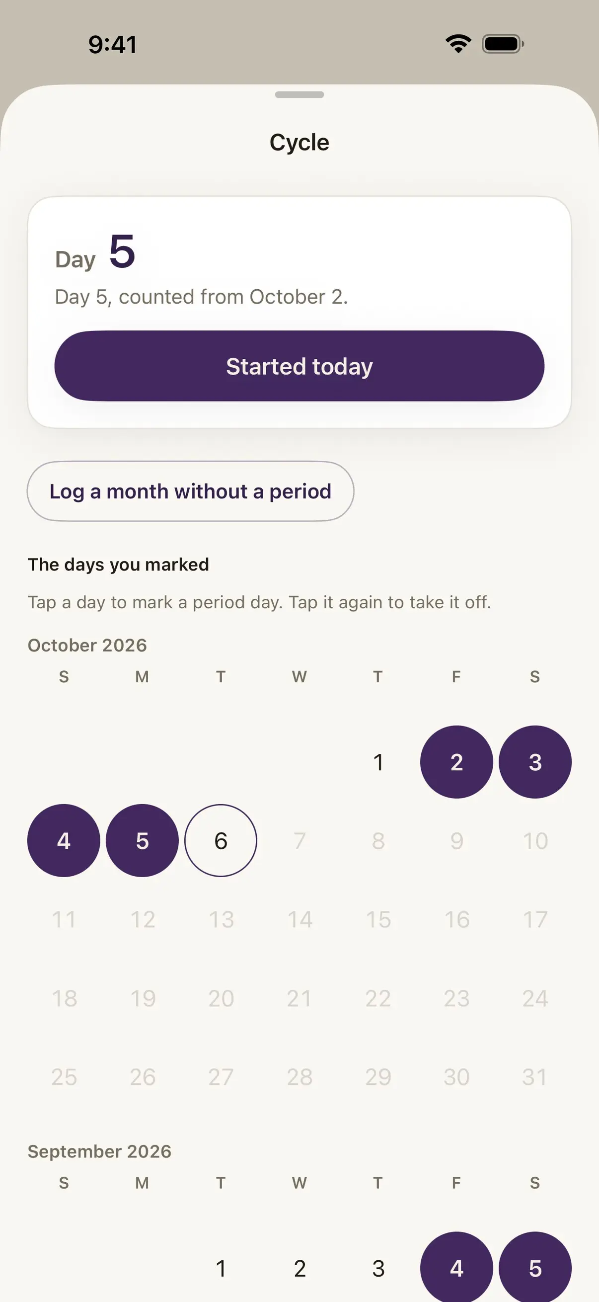 Damson's cycle sheet on day 5, counted from October 2, with a calendar where the period days are marked.