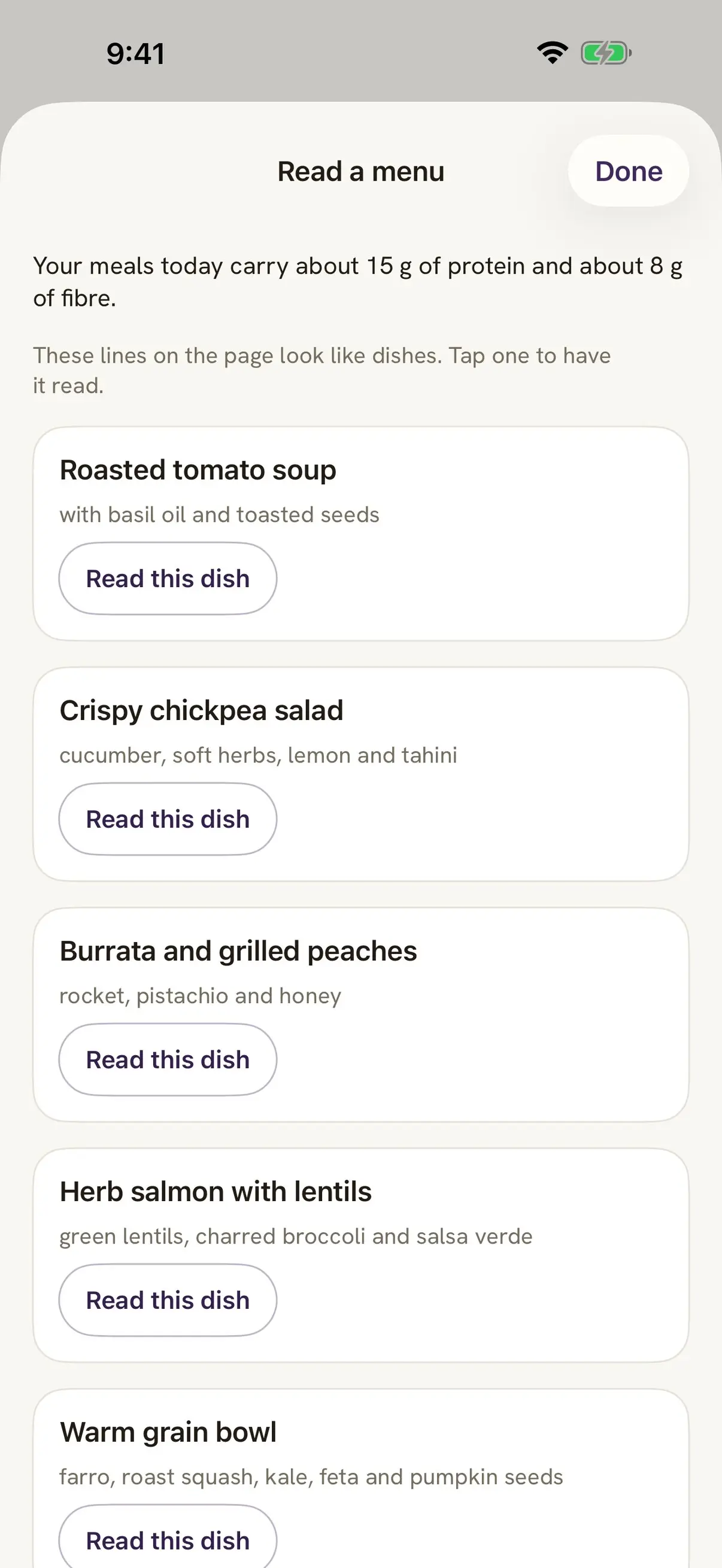Damson's menu screen. It says your meals today carry about 15 g of protein and about 8 g of fibre, then lists dishes from the photographed menu, each with a button to look at it.