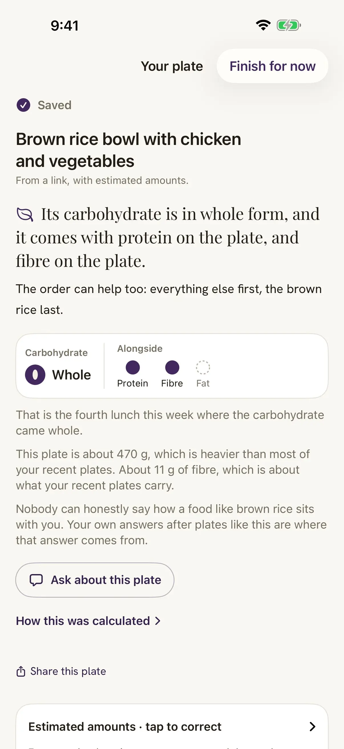 A brown rice bowl with chicken and vegetables saved from a link, with estimated amounts. Its carbohydrate is in whole form and it comes with protein and fibre.