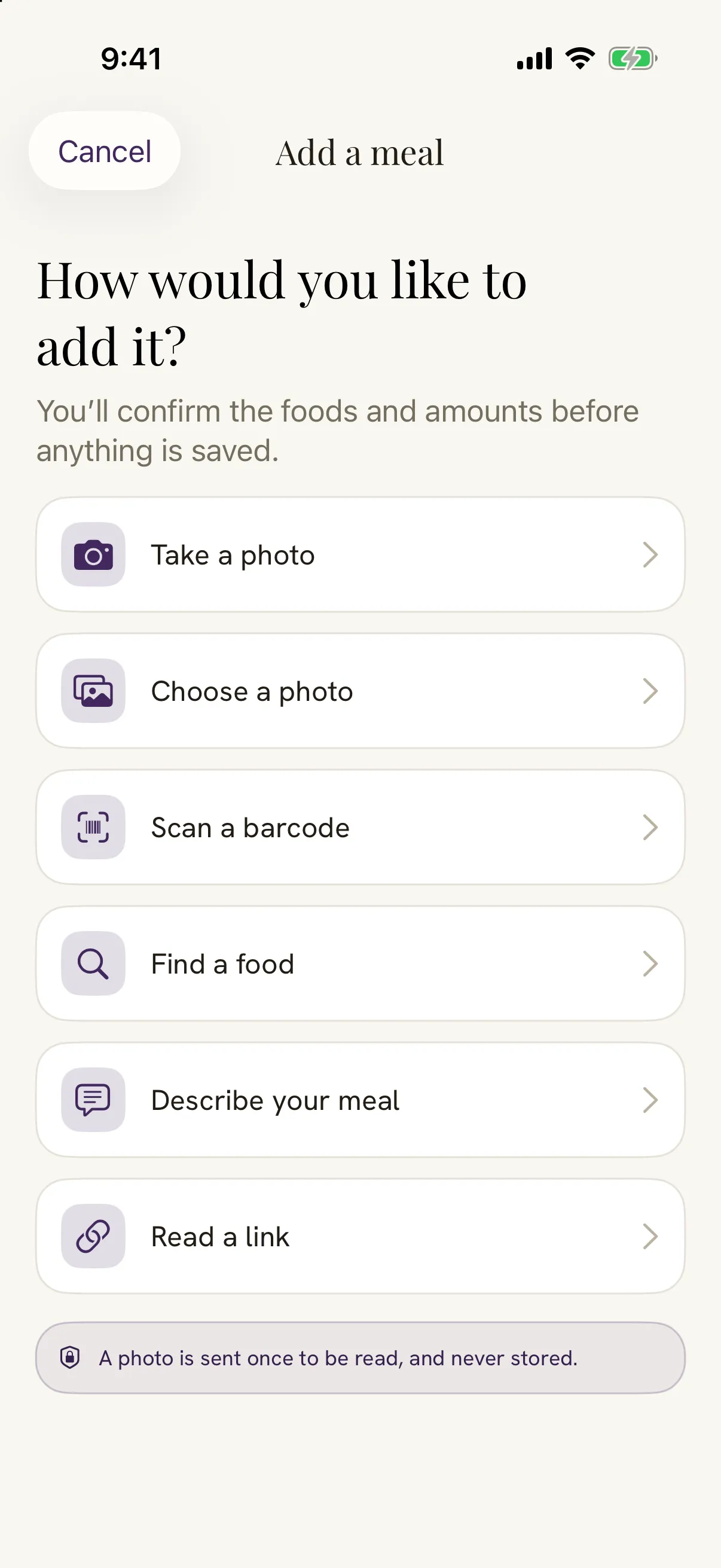 Damson's Add a meal screen, with scan a barcode among the ways to add a meal.