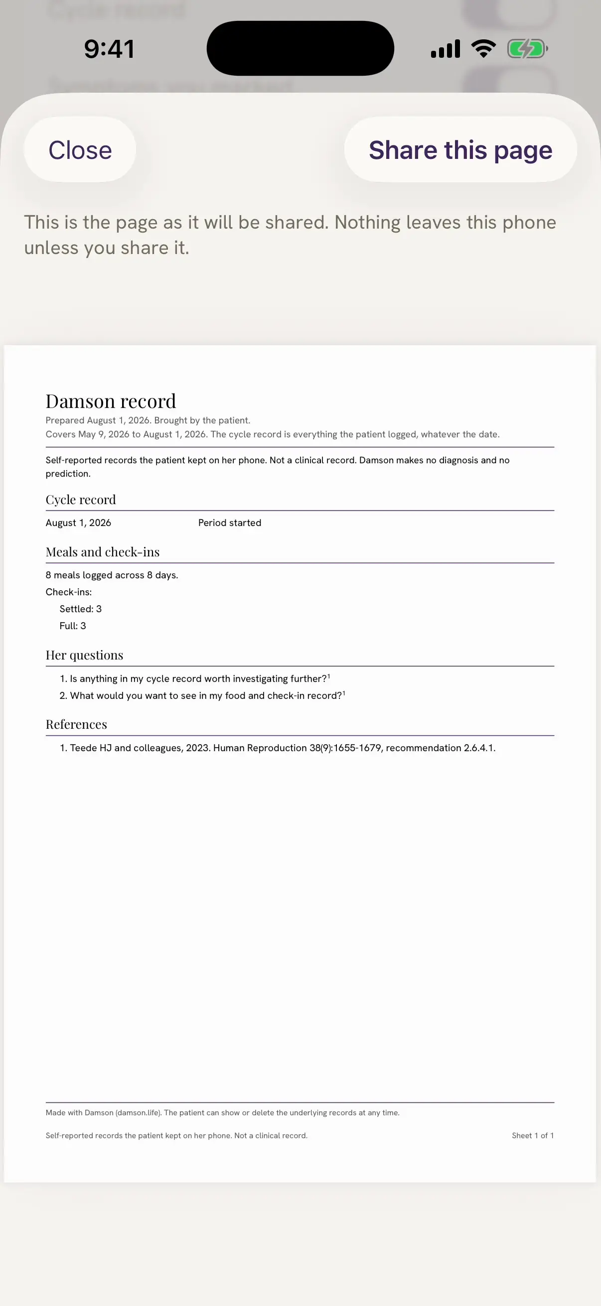 Damson's appointment page shown as it will be shared, with a Share this page button. The Damson record page lists the cycle record, the symptoms she marked, meals and check-ins, the medicines she told Damson about, and at the bottom a Weight and waist section.