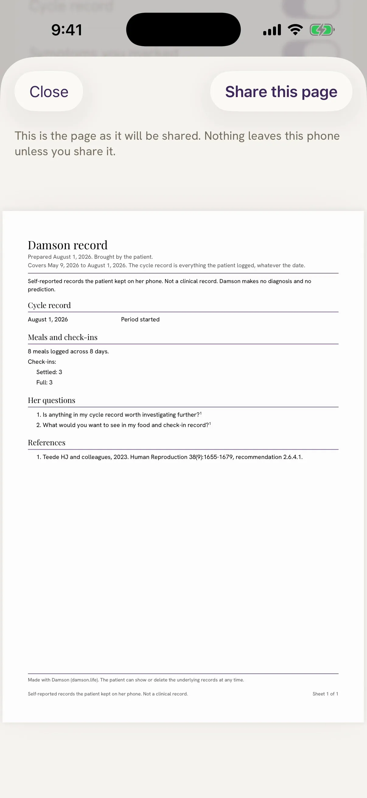 Damson's one-page appointment record, shown as it will be shared.