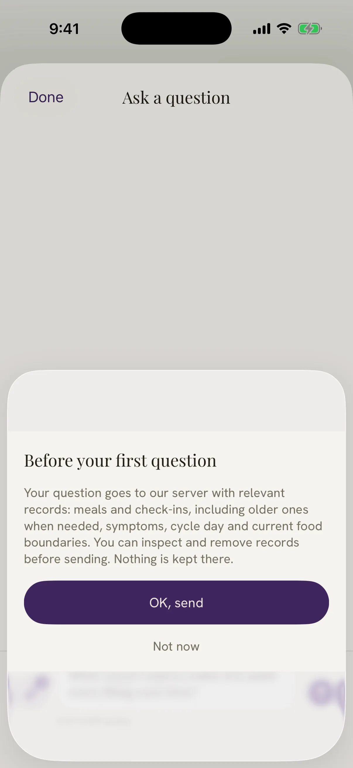 Damson's notice before your first question: your question goes to our server with the relevant records, you can inspect and remove records before sending, and nothing is kept there.