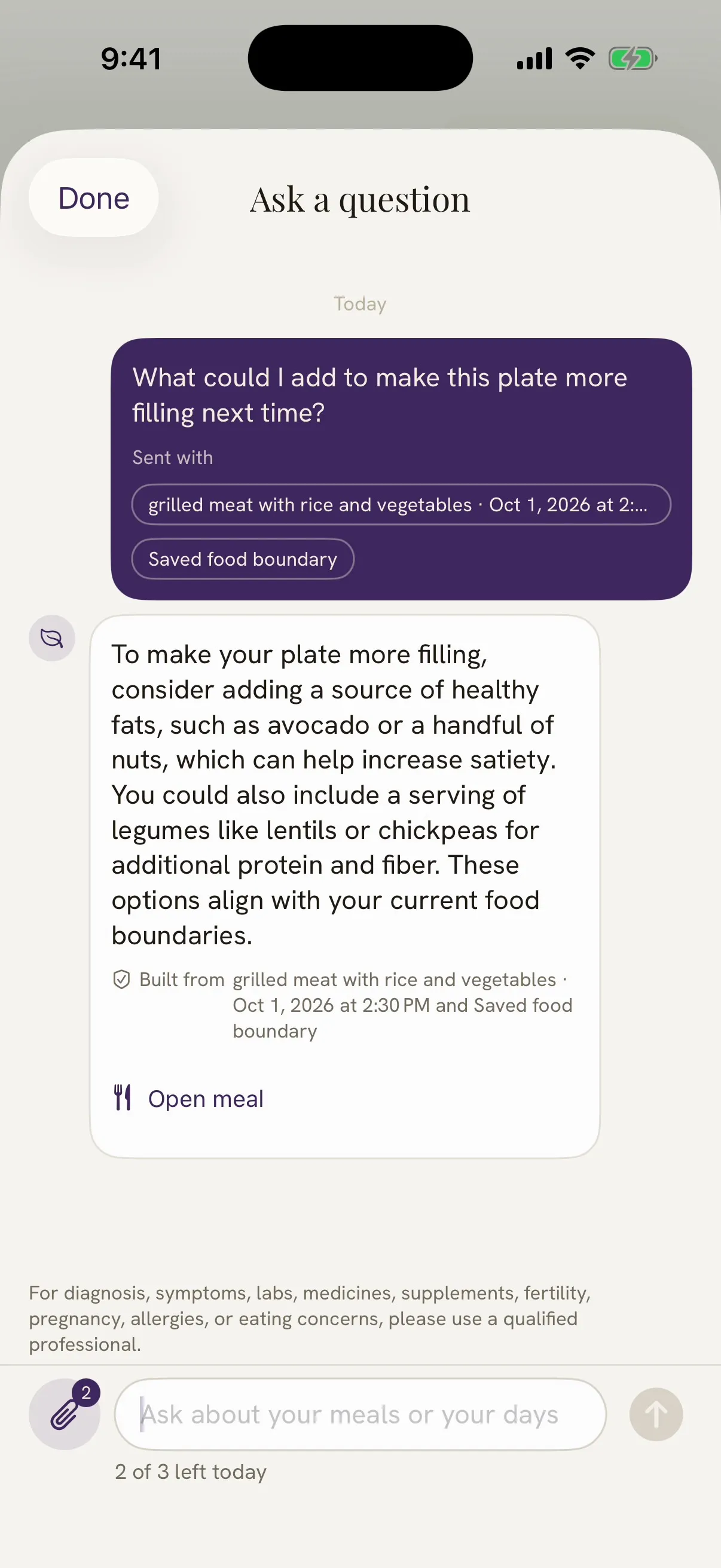 Damson's Ask a question screen with a question about making a plate more filling.
