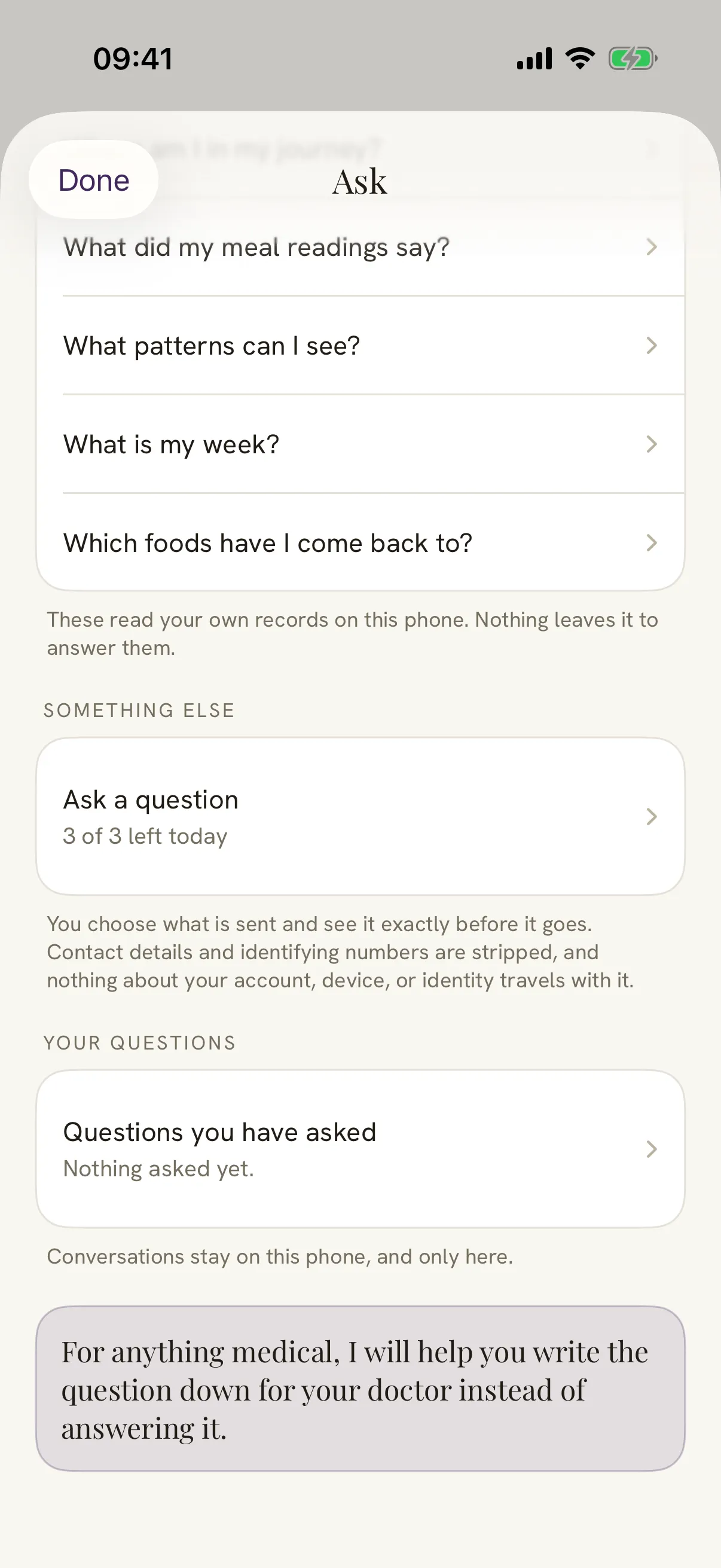 Damson's ask screen, explaining that the questions read your own records on this phone and that nothing leaves it to answer them.
