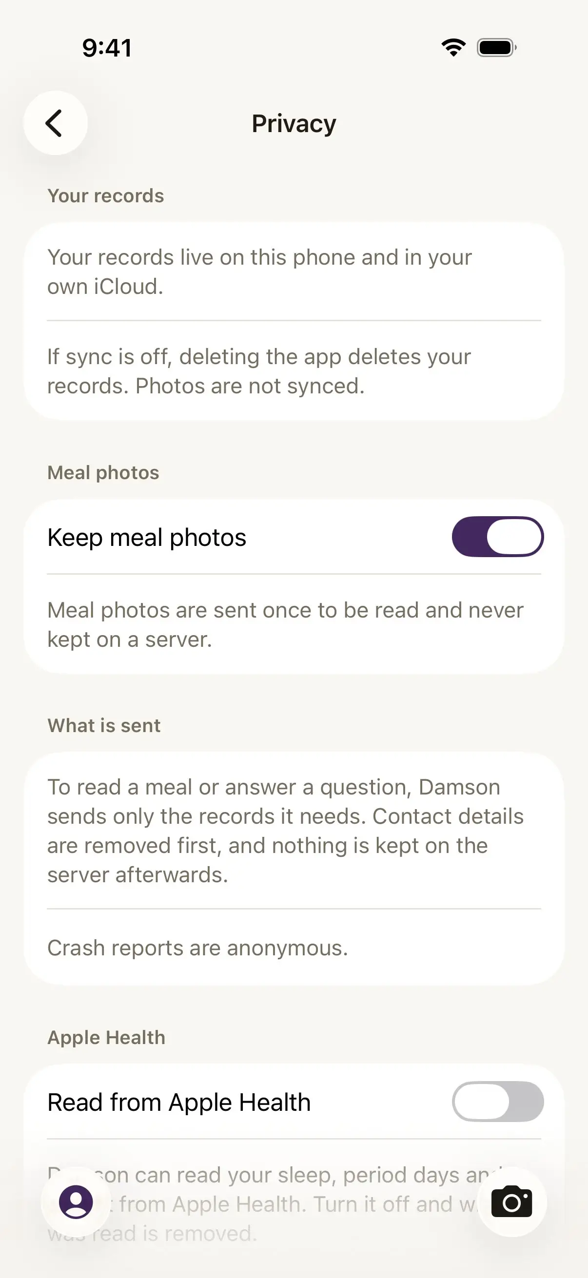 Damson's Privacy page in You. It says your records live on this phone and in your own iCloud, has a Keep meal photos switch, explains what is sent, and under Apple Health shows a Read from Apple Health switch with a note that Damson can read your sleep and period days there.