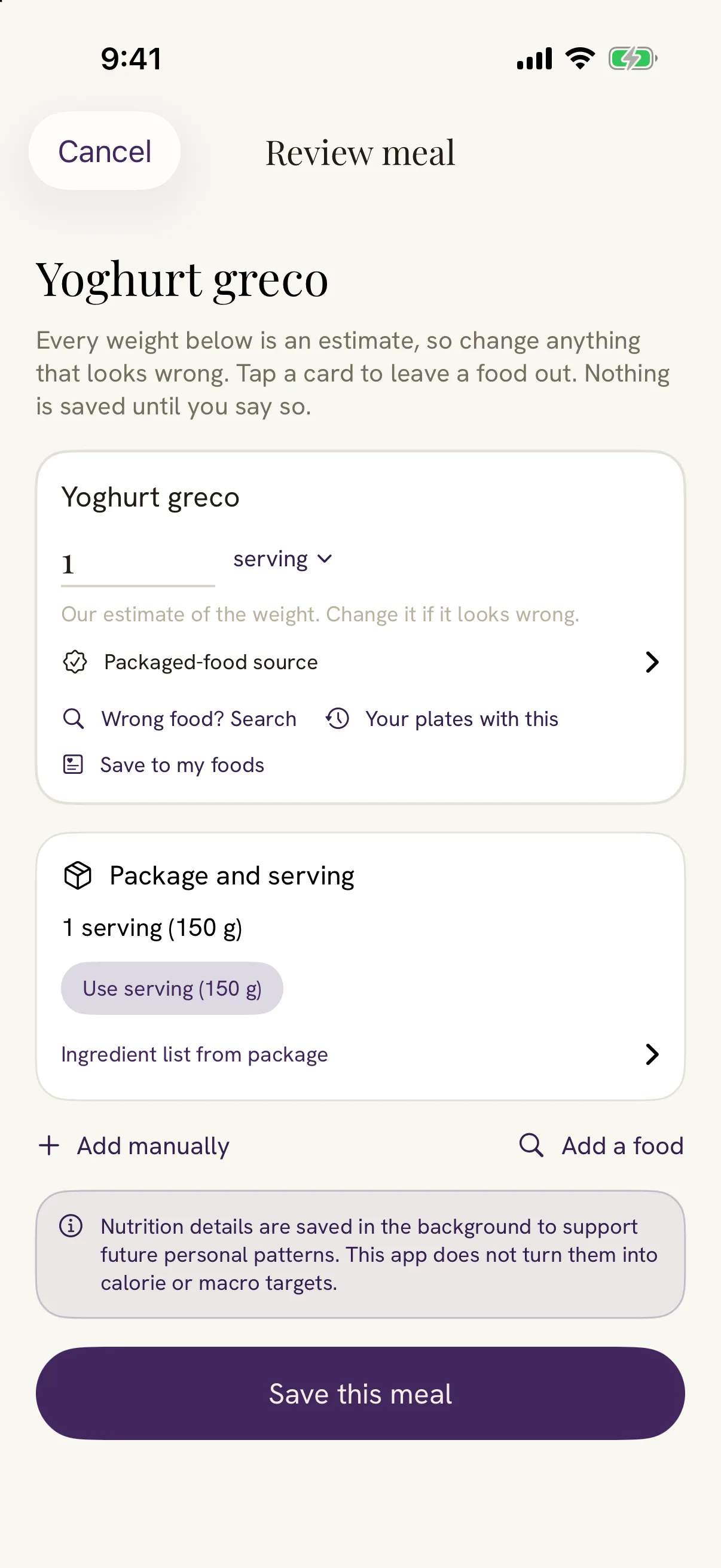 Damson's review screen after a barcode lookup: Fage Yoghurt greco, one serving, marked as a packaged-food source, with the package serving of 150 g and the ingredient list from the package. Nothing is saved until you confirm.