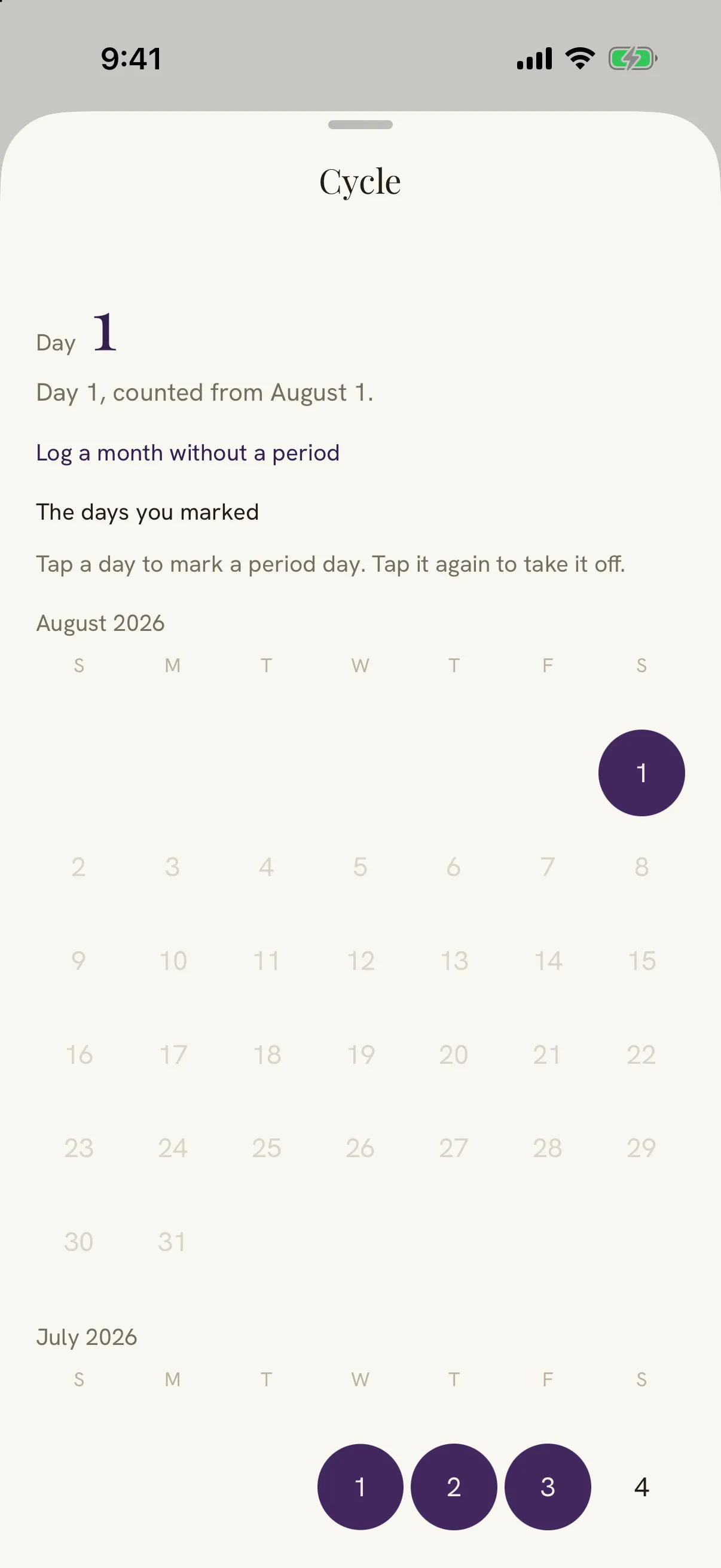 Damson's Cycle sheet showing day 1, counted from August 1.