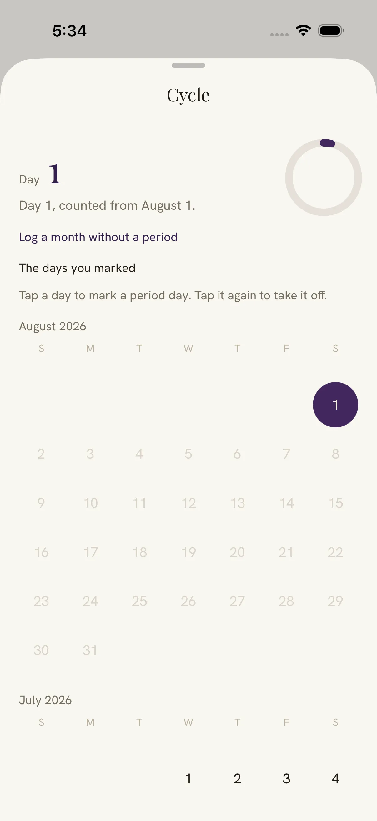 Damson's Cycle sheet with a ring in the corner marking day 1 of the cycle, a link to log a month without a period, and a calendar of the days you marked.