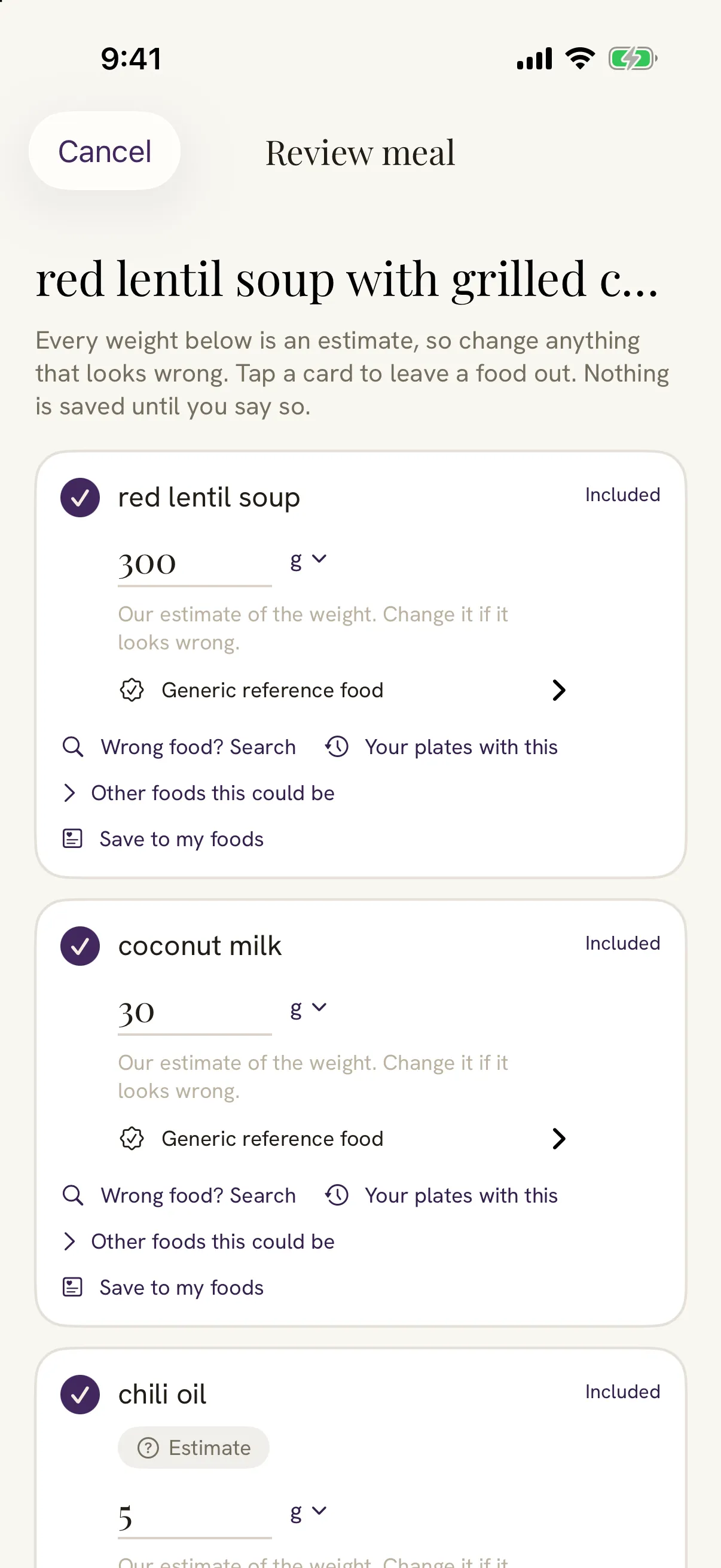 Damson's review screen for a lentil soup recipe read from Instagram, with estimated weights to confirm.
