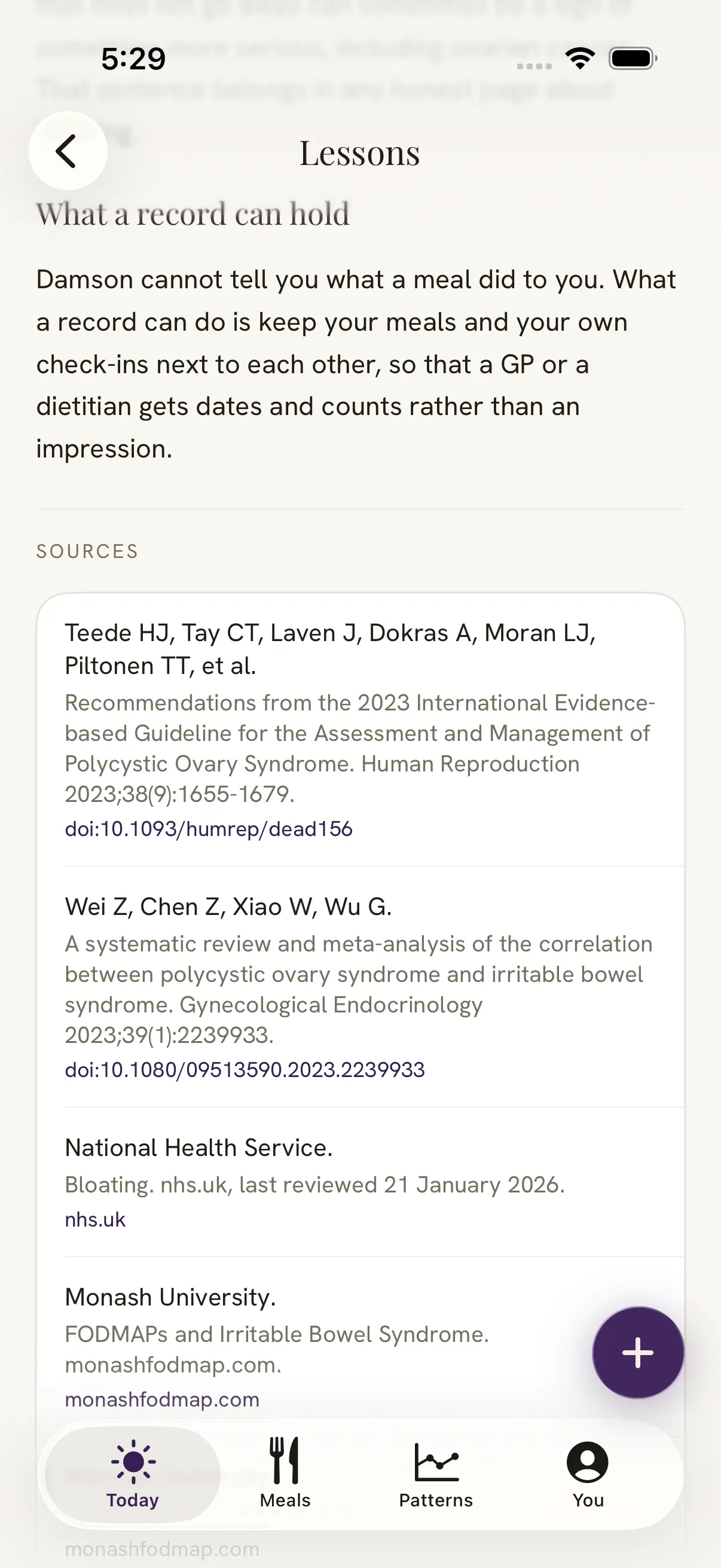 The end of a Damson lesson called what a record can hold, followed by its sources: the 2023 international evidence-based guideline for PCOS in Human Reproduction, a systematic review of PCOS and irritable bowel syndrome, the NHS page on bloating, and Monash University on FODMAPs and irritable bowel syndrome.