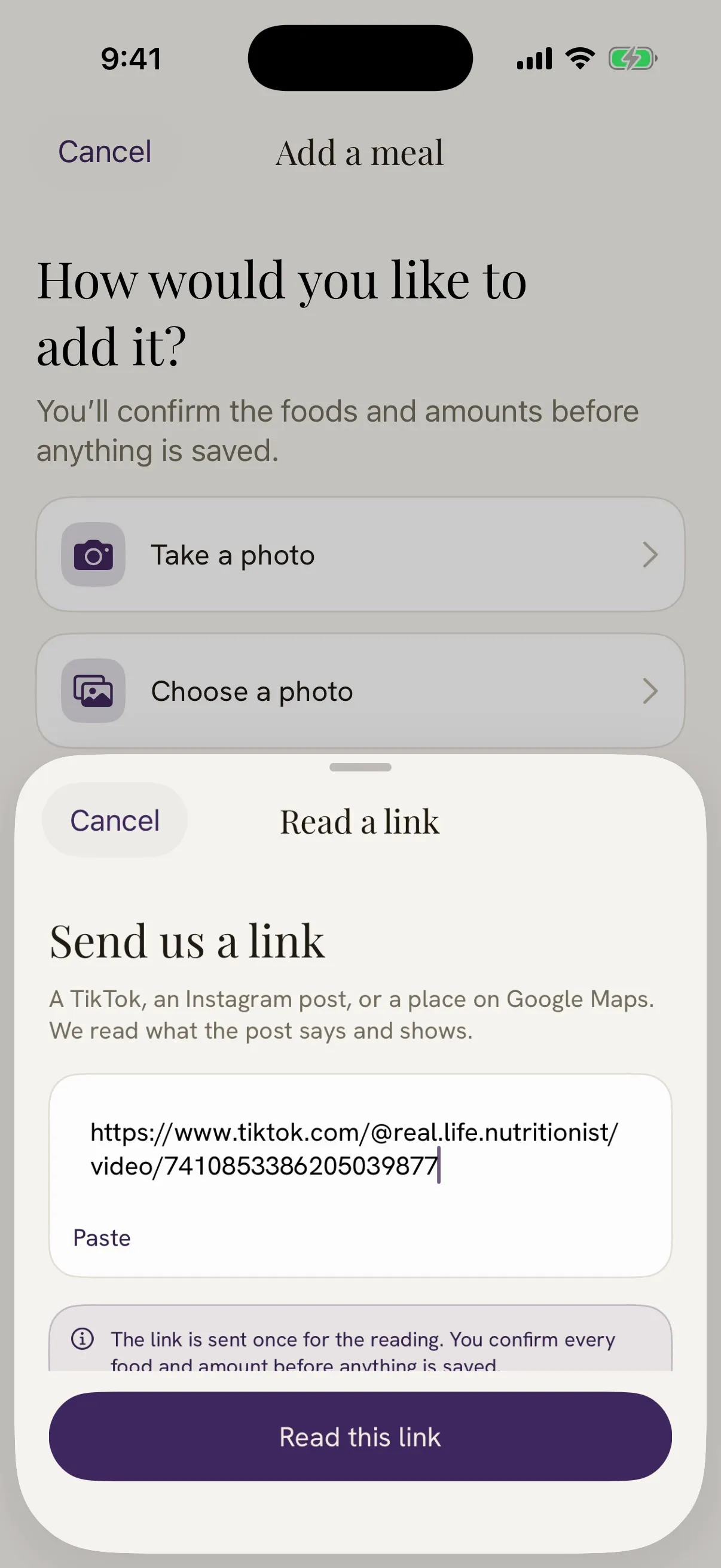Damson's Read a link sheet, which takes a TikTok, an Instagram post or a place on Google Maps.