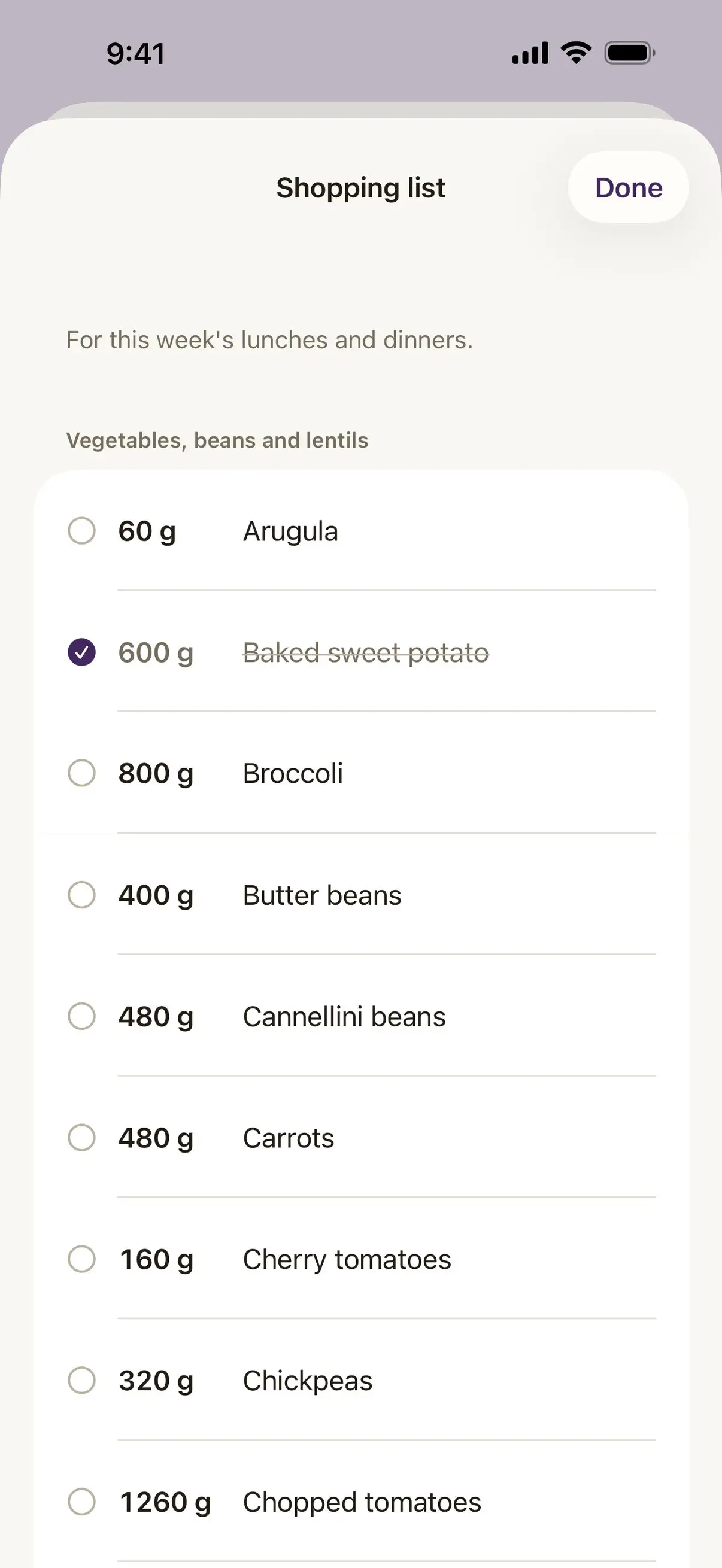 Damson's Shopping list, for this week's lunches and dinners. Under Vegetables, beans and lentils: arugula, baked sweet potato ticked off, broccoli, butter beans, cannellini beans, carrots, cherry tomatoes, chickpeas and chopped tomatoes, each in grams.