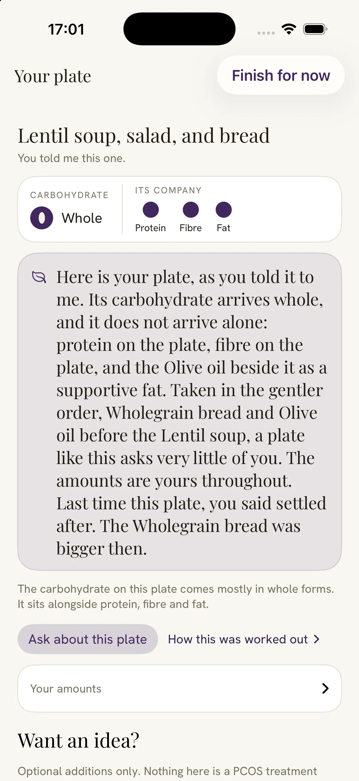 Damson's read of a plate of lentil soup, salad and bread. A paragraph in serif says the carbohydrate arrives whole and does not arrive alone, that a plate like this asks very little of you, and that last time this plate she said settled after.