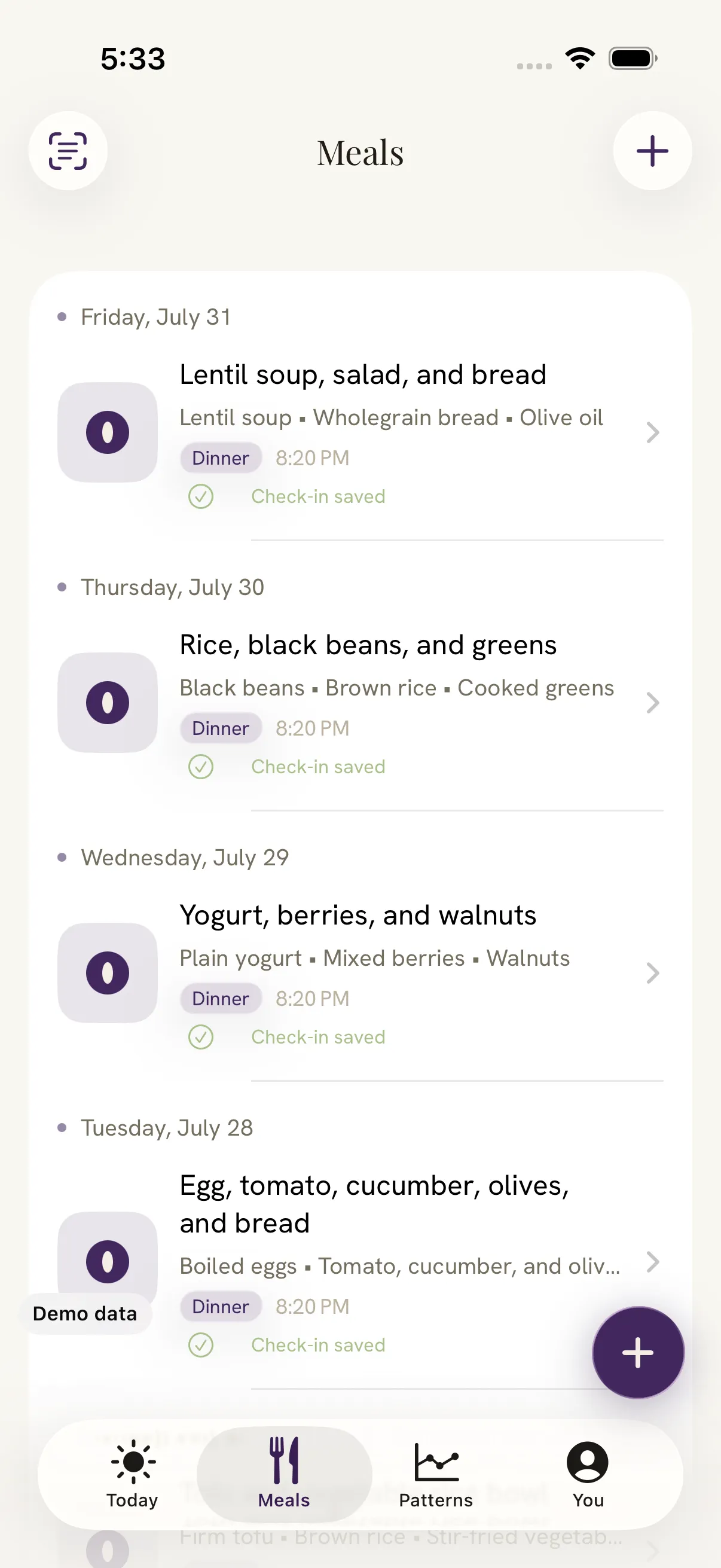 Damson's Meals diary for late July: lentil soup, salad and bread; rice, black beans and greens; yogurt, berries and walnuts; and an egg, tomato and cucumber plate, each with the foods listed and a mark that the check-in was saved.