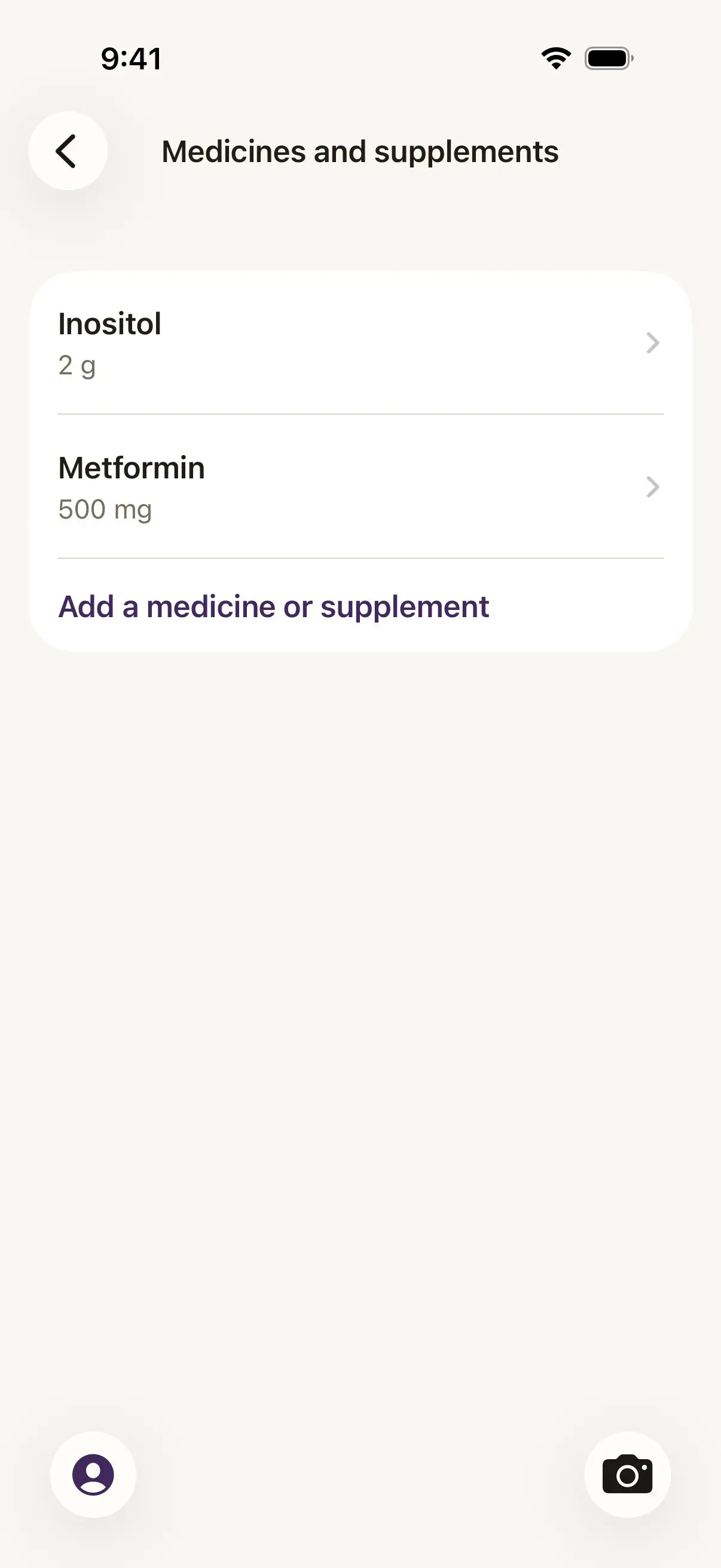 Damson's Medicines and supplements list in You, with two entries, a supplement at 2 g and a medicine at 500 mg, and a link that says Add a medicine or supplement.