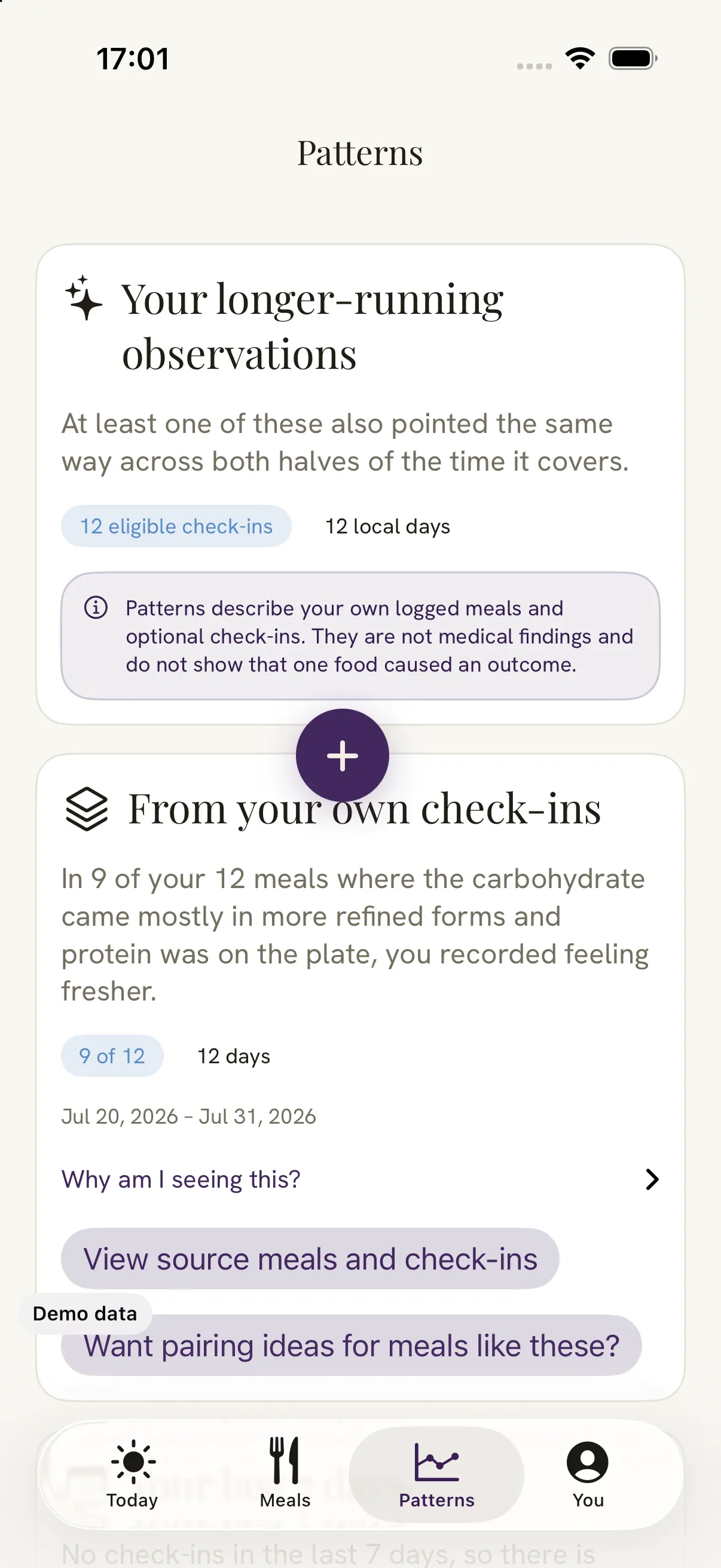 A pattern built from her own check-ins, saying that in nine of her twelve meals where protein was on the plate she recorded feeling fresher, over twelve days, with a button to view the source meals and check-ins.