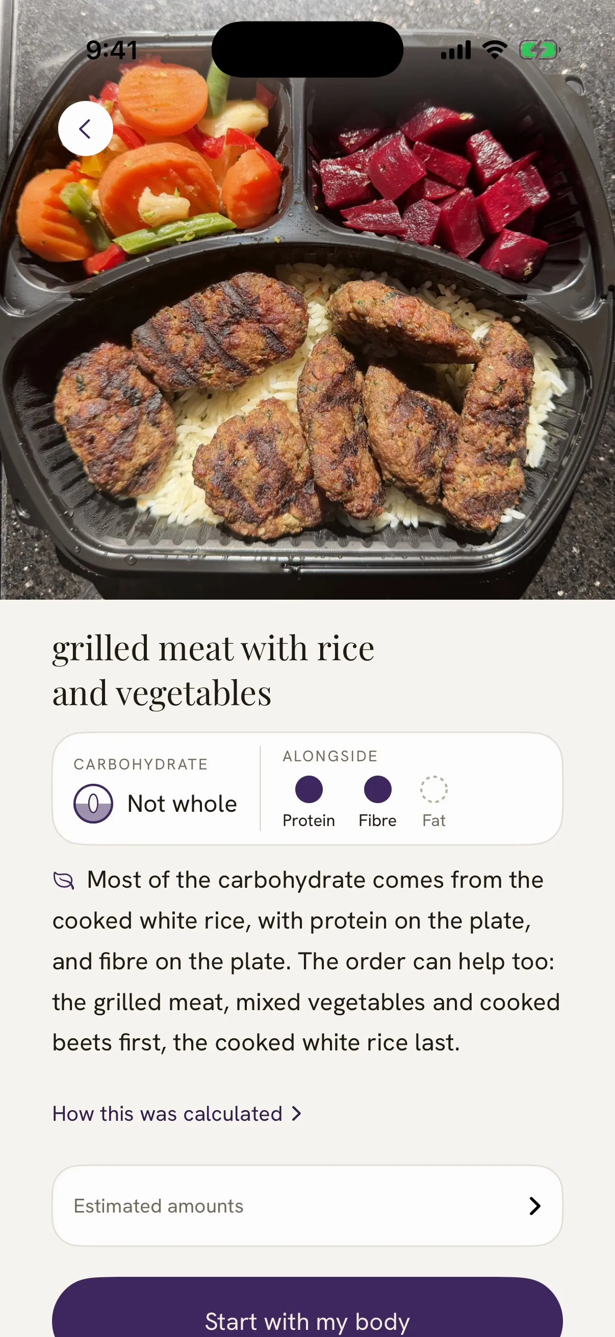 A photographed plate of grilled meat, rice and vegetables at the top of Damson's read.
