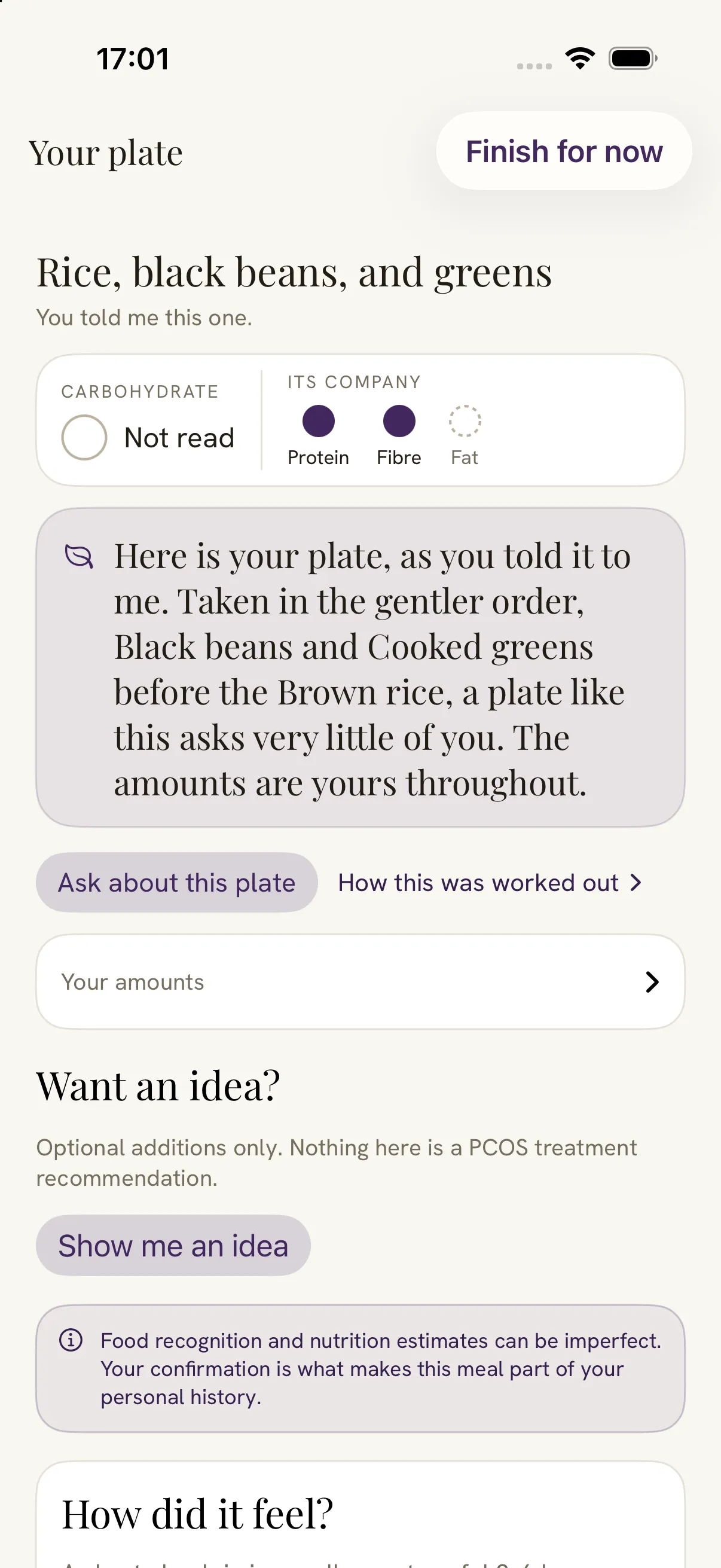 Damson's read of a plate of rice, black beans and greens. A paragraph in serif says the plate taken in the gentler order asks very little of you and that the amounts are yours throughout, with the carbohydrate marked as not read.