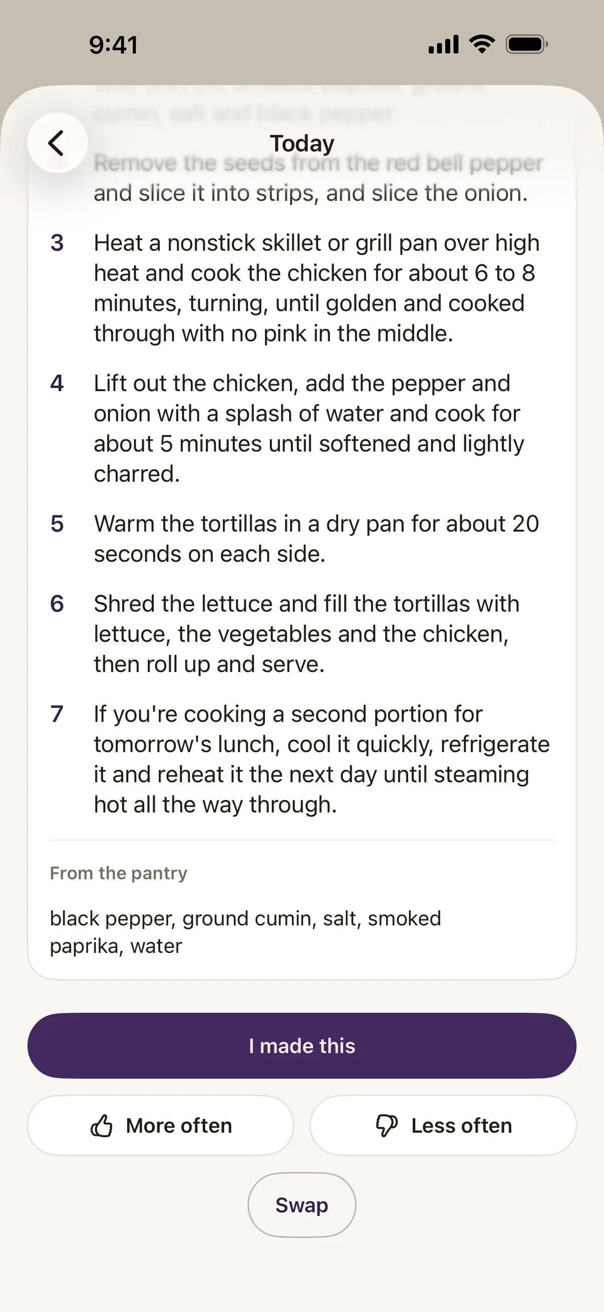 The end of a Damson recipe: the last step says to cool the second portion quickly, refrigerate it and reheat it the next day until steaming hot all the way through. Below, the foods from the pantry, an I made this button, More often and Less often, and Swap.