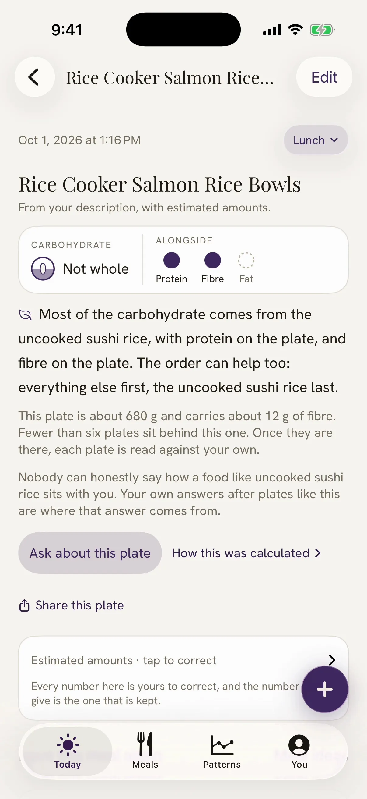 The saved recipe in Damson, Rice Cooker Salmon Rice Bowls, marked as from your description with estimated amounts. The carbohydrate is marked not whole with protein and fibre alongside, and the read says most of it comes from the uncooked sushi rice and suggests eating everything else first. Below, it says the plate is about 680 g and carries about 12 g of fibre.