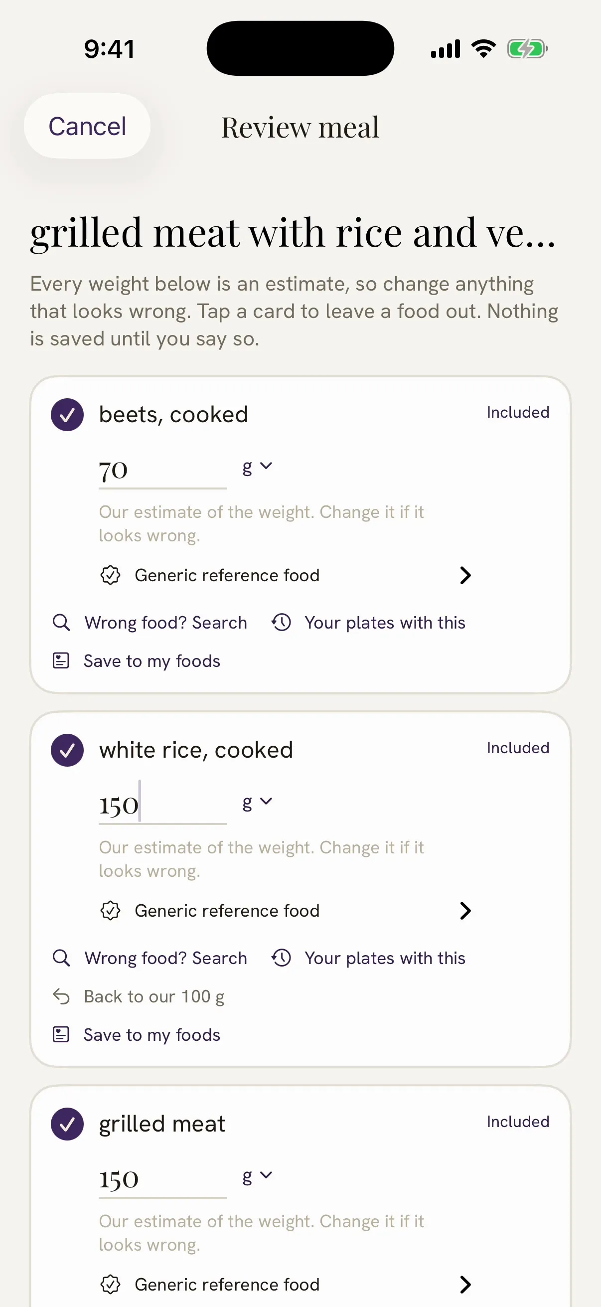 Damson's review screen for the same plate. It says every weight below is an estimate and nothing is saved until you say so. Cooked beets show 70 g, cooked white rice has been changed to 150 g with an option to go back to the estimate of 100 g, and grilled meat shows 150 g.