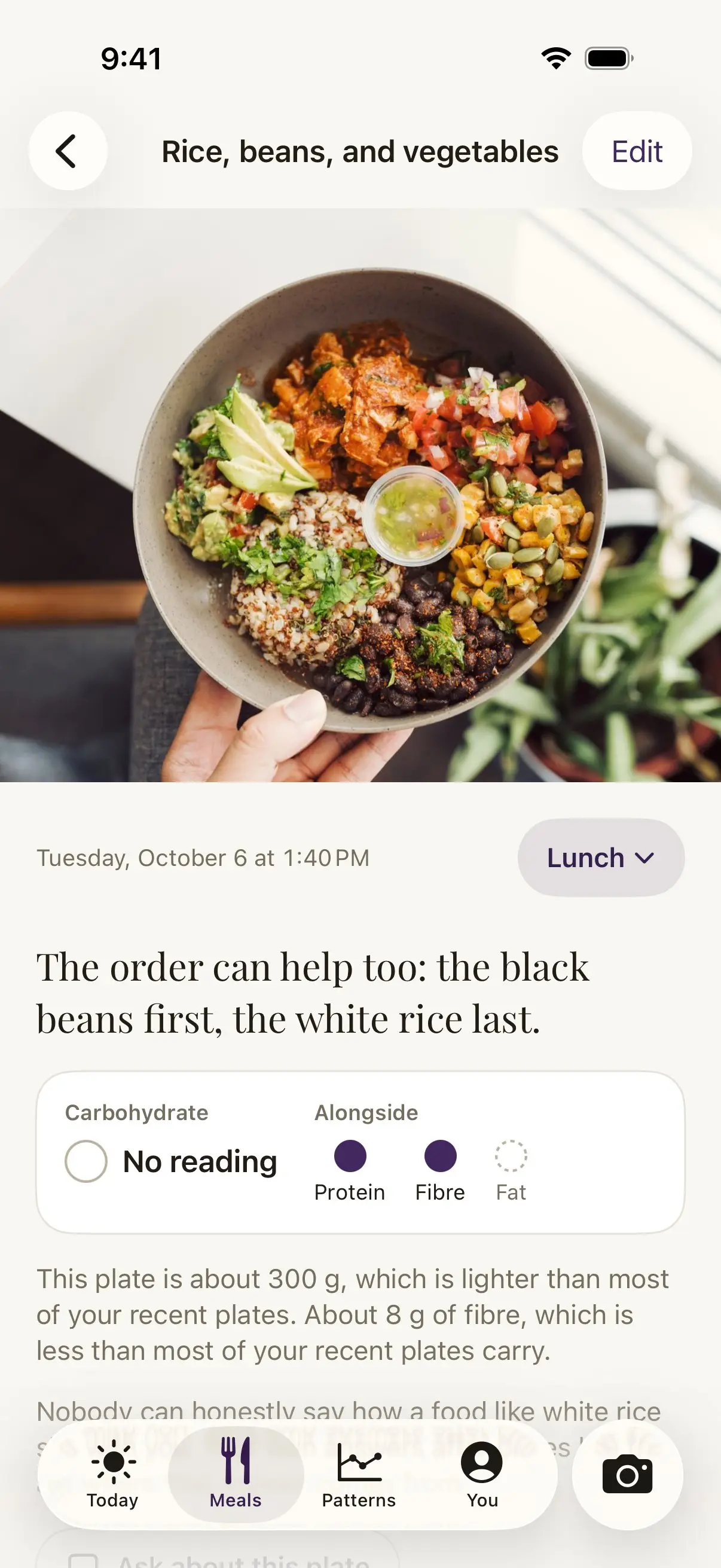 A saved plate's page in Damson: rice, beans and vegetables, with Edit at the top, the photo, Tuesday, October 6 at 1:40 PM, a Lunch label, the read saying the order can help too, the black beans first, the white rice last, the carbohydrate and protein and fibre marks, and the line that the plate is about 300 g.