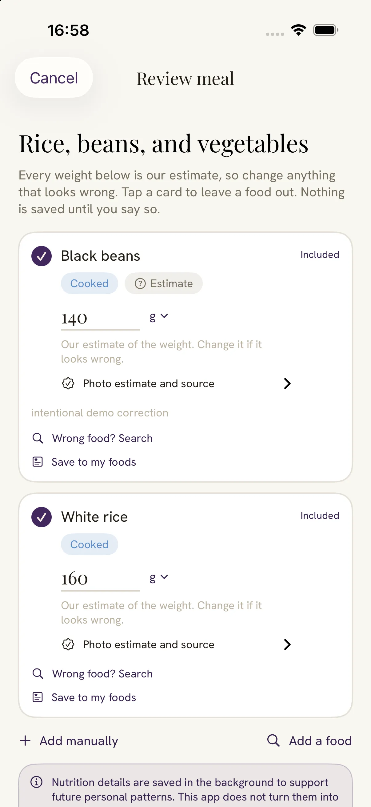 Damson's review screen for a plate of rice, beans and vegetables. It says every weight below is our estimate, and each food carries an editable weight in grams above the line that it is an estimate you can change.