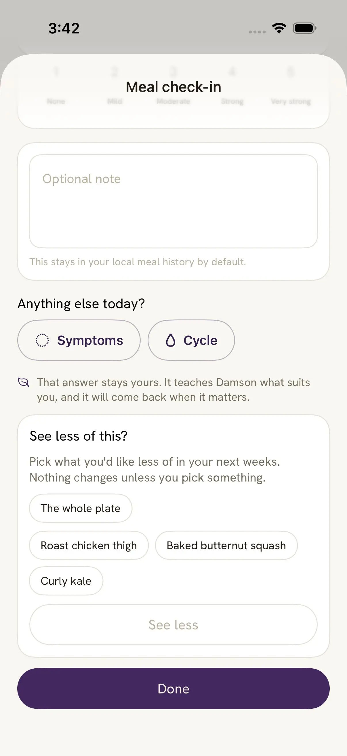 Damson's meal check-in with the card See less of this? Pick what you'd like less of in your next weeks. Nothing changes unless you pick something. The choices are the whole plate, roast chicken thigh, baked butternut squash and curly kale, none picked, above a See less button.