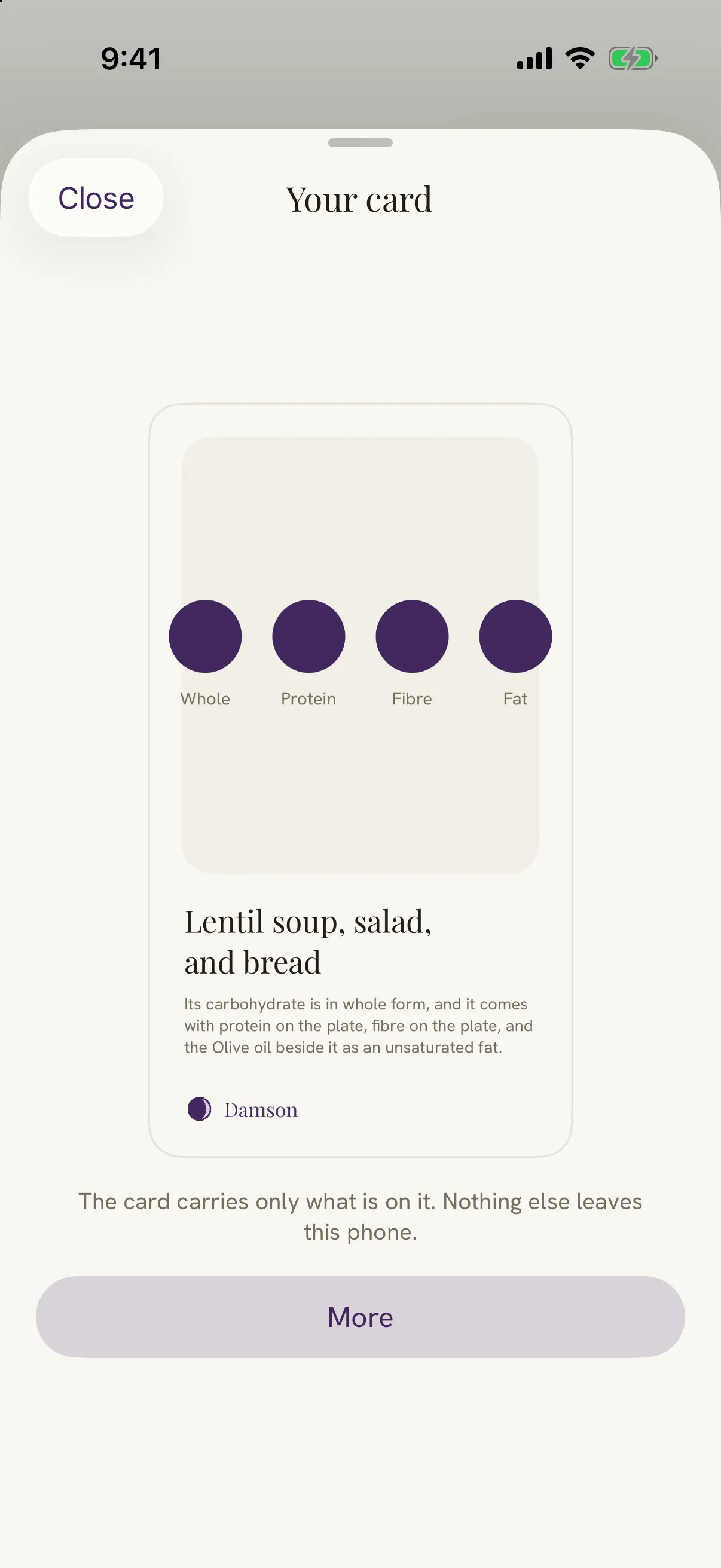 Damson's share card sheet, titled your card. The card shows lentil soup, salad and bread with four filled circles for whole, protein, fibre and fat, a sentence saying its carbohydrate is in whole form and comes with protein, fibre and olive oil, and the Damson name. A line underneath says the card carries only what is on it, and nothing else leaves this phone.