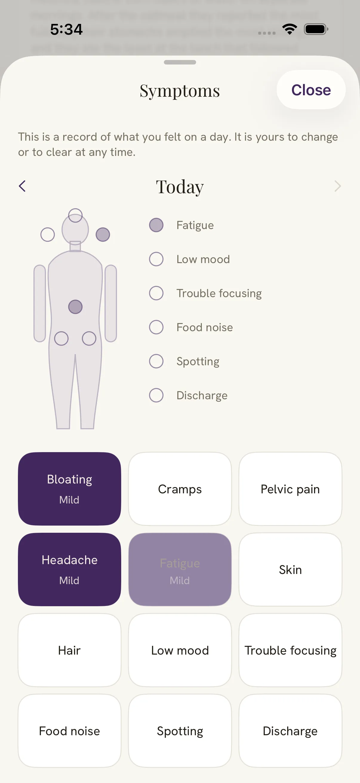 Damson's Symptoms sheet on another day, with bloating and headache marked mild and fatigue being chosen. At the top it says this is a record of what you felt on a day, and it is yours to change or to clear at any time.