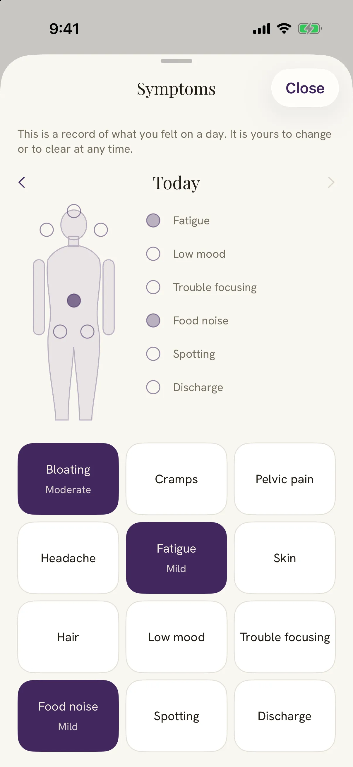 Damson's Symptoms sheet with a body map and a list of symptoms to mark.