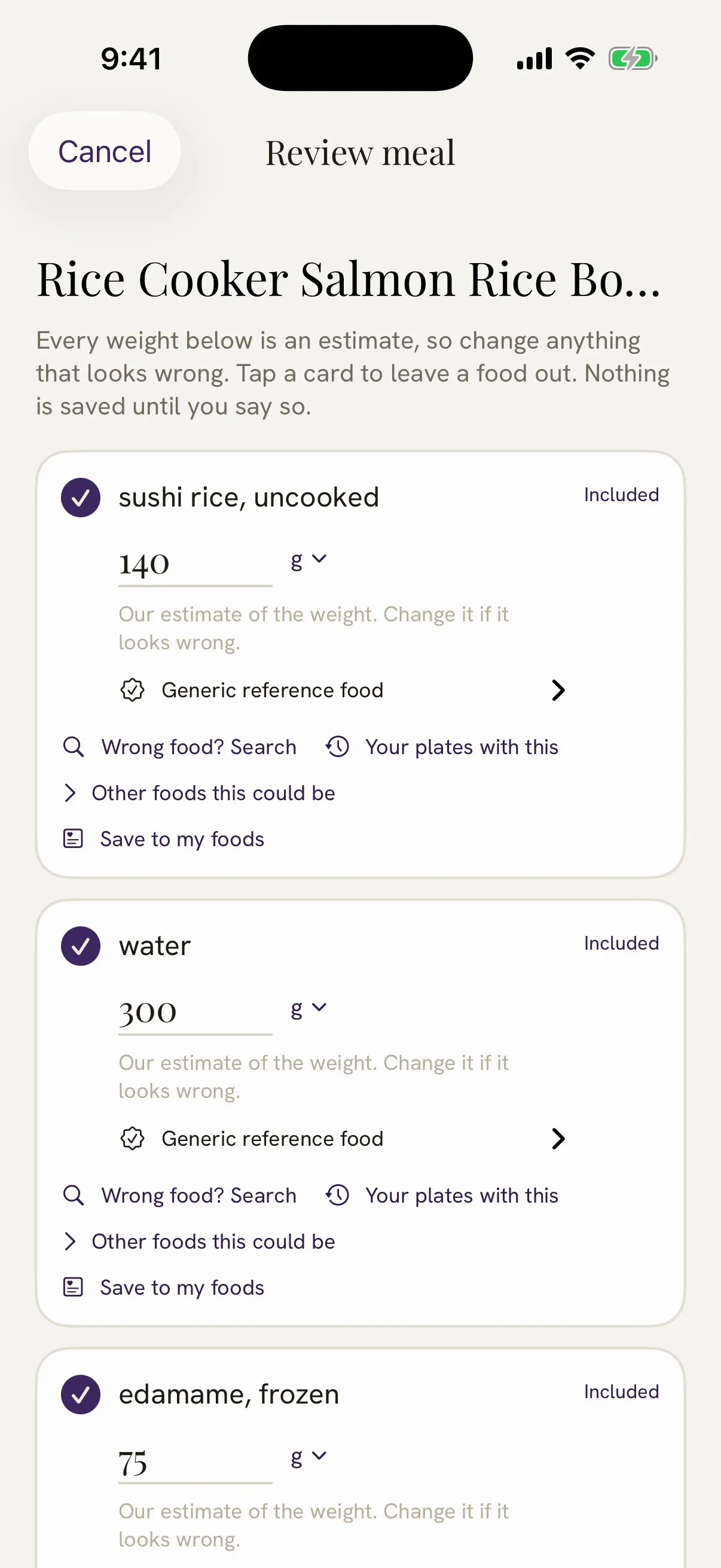 Damson's review screen for a TikTok recipe, Rice Cooker Salmon Rice Bowls, with an estimated weight for each food.