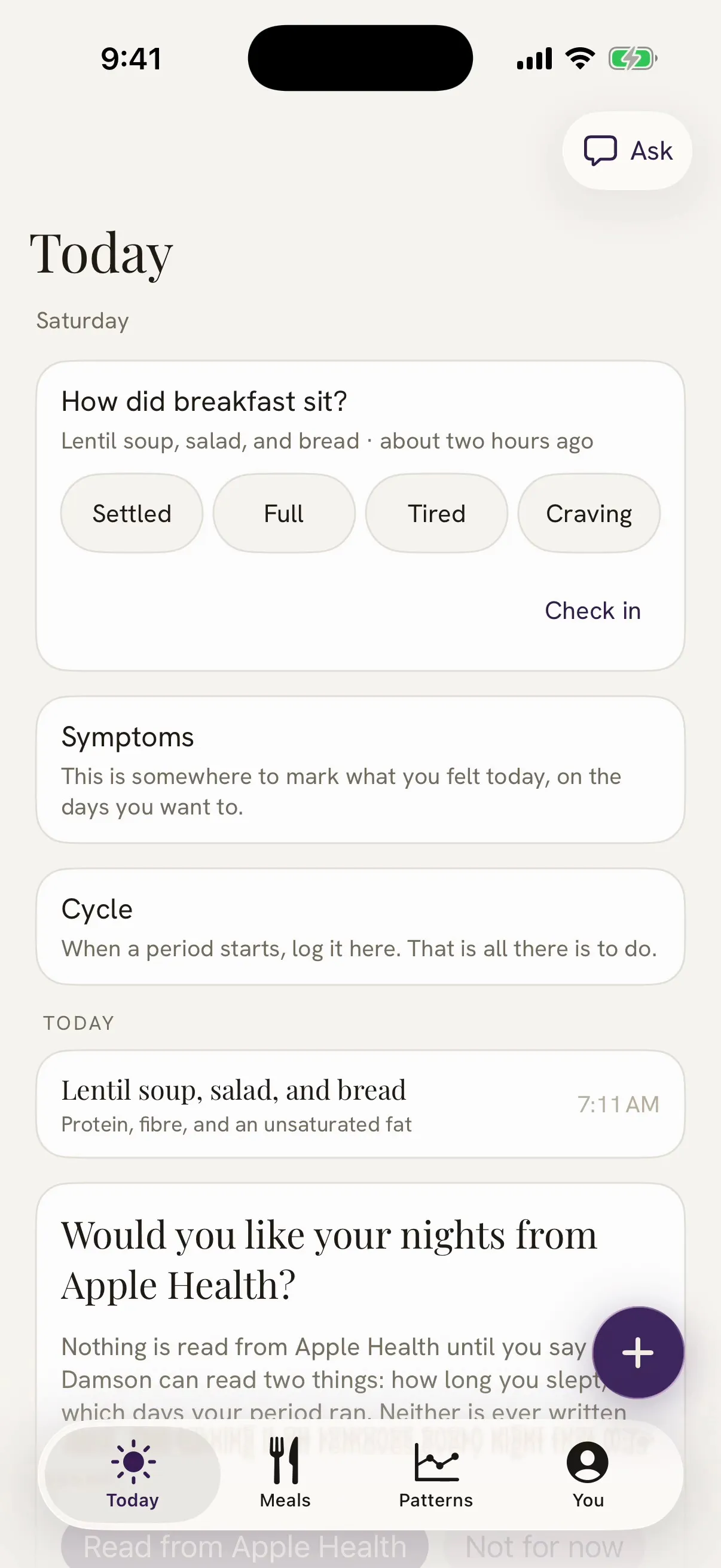 Damson's Today screen asking how did breakfast sit, with settled, full, tired and craving to choose from.