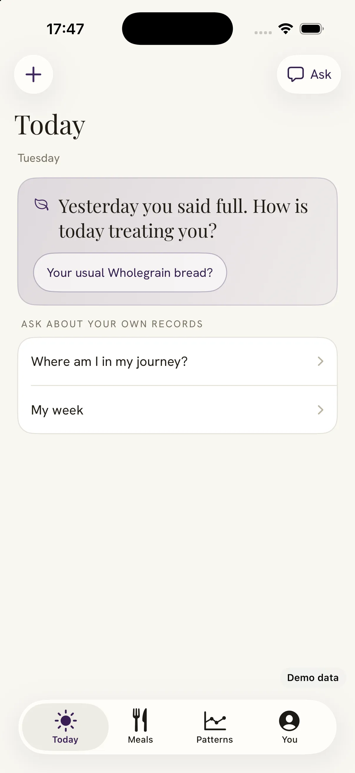 Damson's Today screen. A companion note reads: yesterday you said full, how is today treating you, with a suggestion to log a usual wholegrain bread.