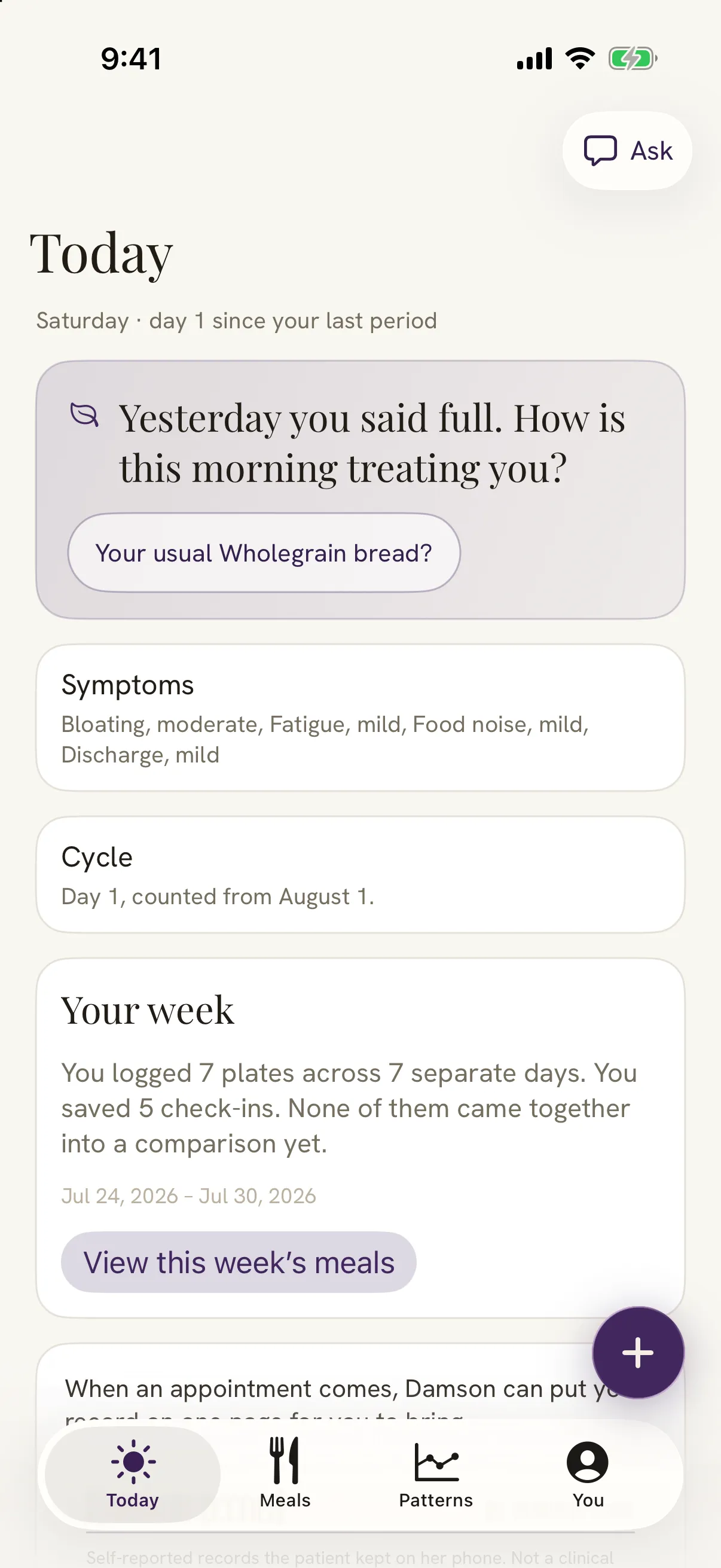 Damson's Today screen with a your week card. It says you logged 7 plates across 7 separate days and saved 5 check-ins, and that none of them came together into a comparison yet, for July 24 to July 30, 2026.