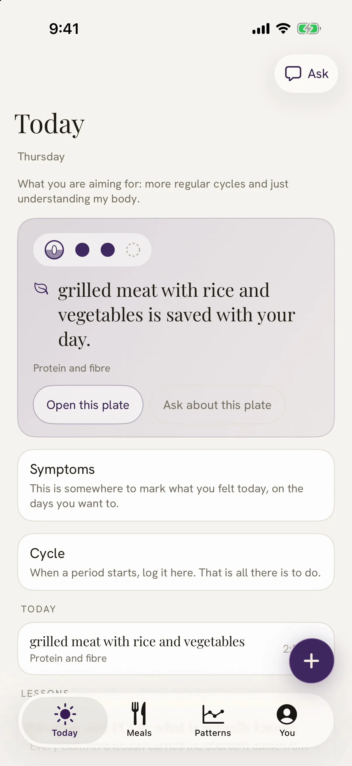 Damson's Today screen after saving. A card says grilled meat with rice and vegetables is saved with your day, with protein and fibre, and offers to open the plate or ask about it. Below it are cards for symptoms and the cycle.