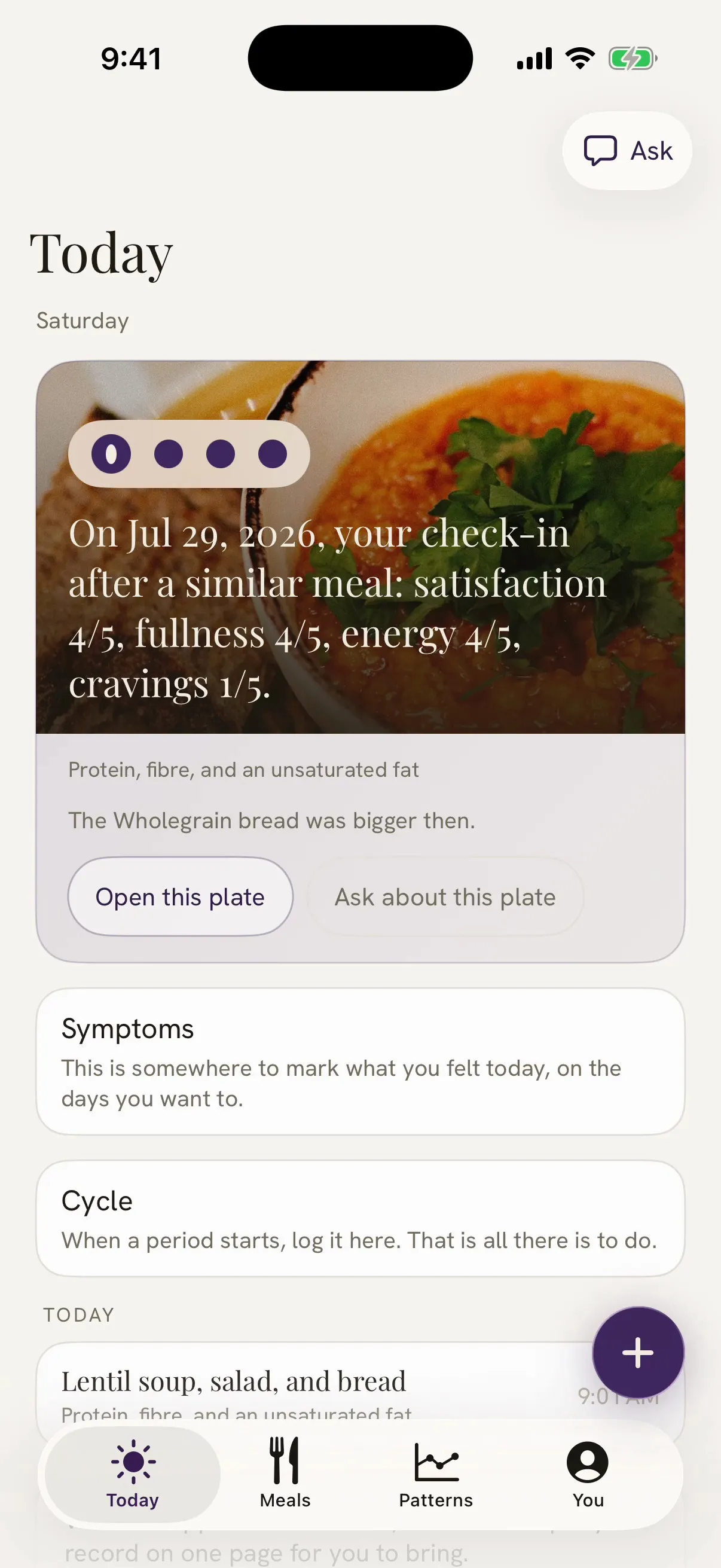 Damson's Today screen recalling a check-in after a similar meal on July 29, 2026, with her scores out of five, and noting that the wholegrain bread was bigger then.