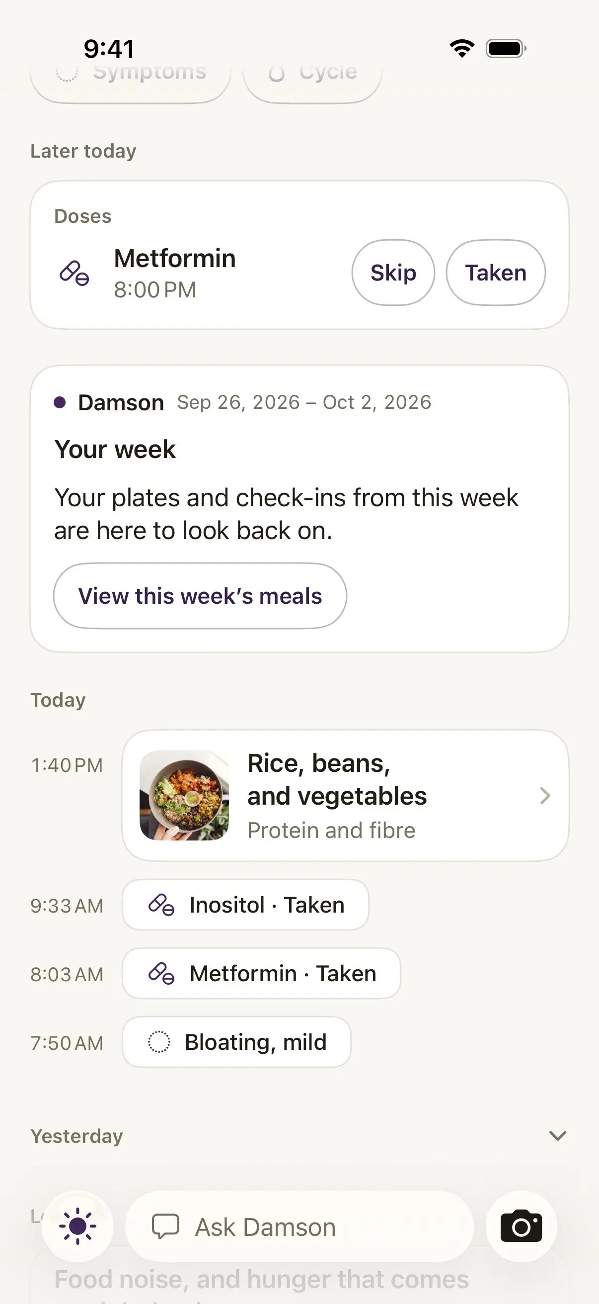 Damson's Today screen with a post from Damson covering Sep 26 to Oct 2, 2026, titled Your week: your plates and check-ins from this week are here to look back on, with a View this week's meals button. Under it, Today starts with the 1:40 PM lunch, rice, beans and vegetables.