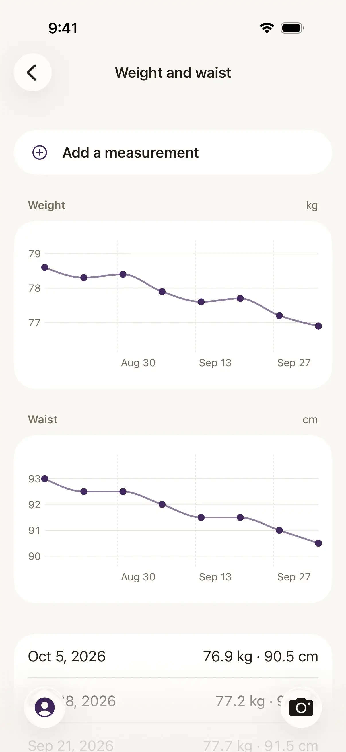 Damson's Weight and waist screen with an Add a measurement button. A weight chart in kg runs from about 79 to 77 between Aug 30 and Sep 27, a waist chart in cm from 93 to 90, and the entries below start with Oct 5, 2026: 76.9 kg and 90.5 cm.